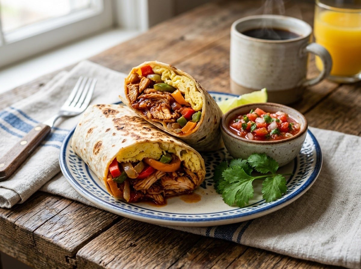 BBQ Chicken Stuffed Breakfast Burritos on a plate with salsa and cilantro.