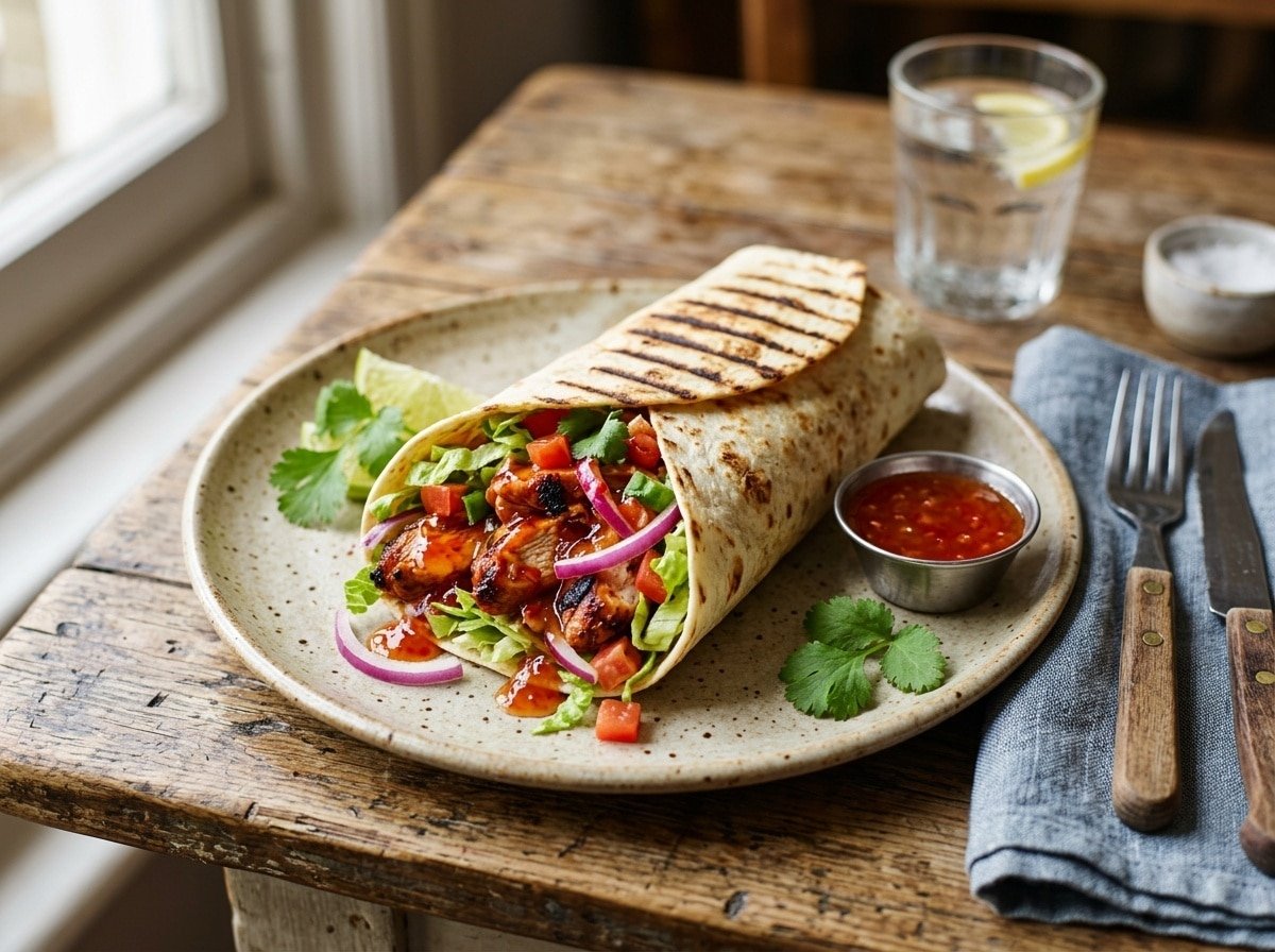 A grilled BBQ chicken sweet chili wrap filled with chicken, lettuce, tomatoes, and red onion, on a plate ready to be served.