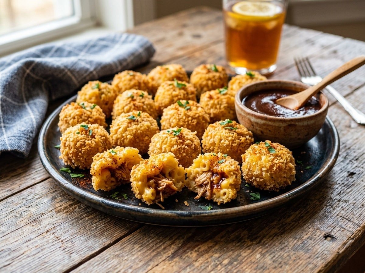 Crispy BBQ Chicken Loaded Mac Bites on a platter with BBQ sauce for dipping.