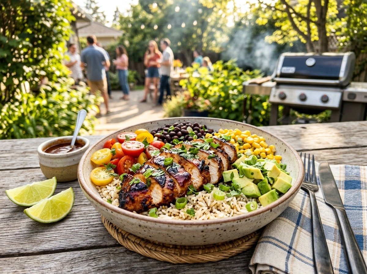 Grilled BBQ chicken zesty bowl with rice, tomatoes, corn, beans, avocado, and lime on a sunny outdoor table.