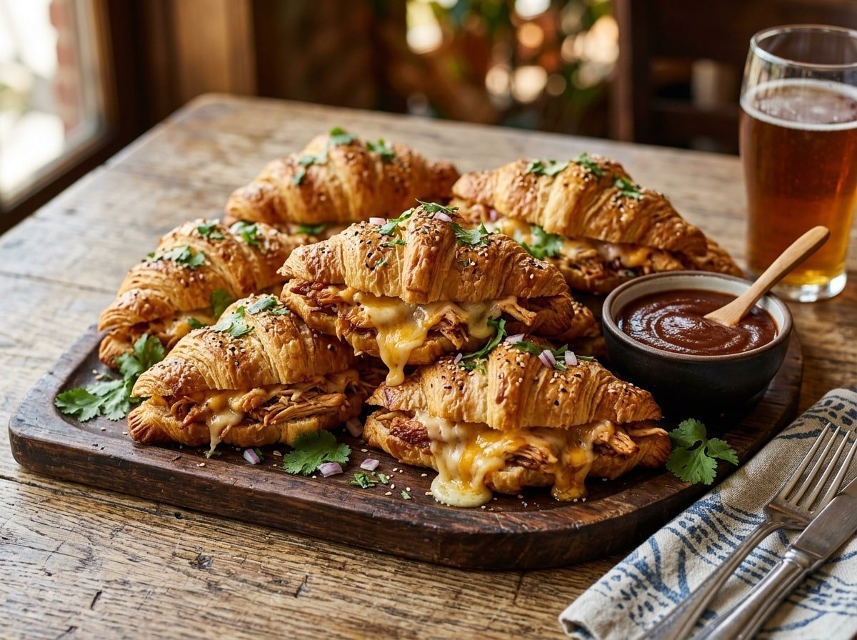 Delicious BBQ Chicken Stuffed Croissant Sandwiches with melted cheese and BBQ sauce, garnished with cilantro.