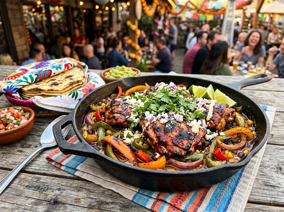 A vibrant grilled BBQ chicken fiesta skillet with colorful vegetables and fresh herbs, served with tortillas.