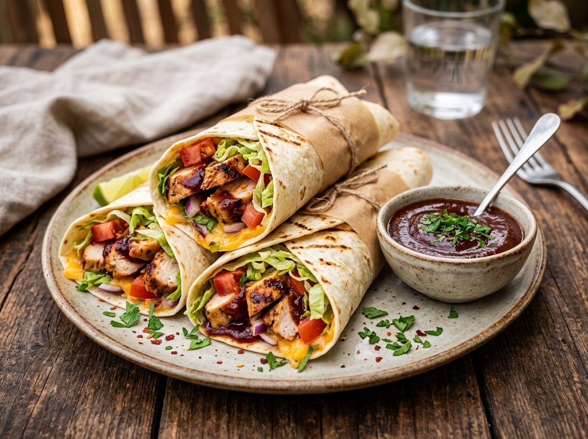 BBQ Chicken Loaded Tortilla Wraps on a plate with BBQ sauce, lettuce, tomatoes, and cheese.