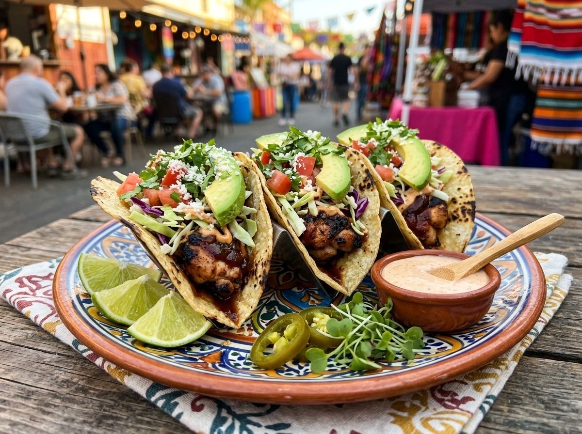 Grilled BBQ Chicken Street Tacos with chicken, cabbage, tomatoes, and avocado on a plate with lime wedges.