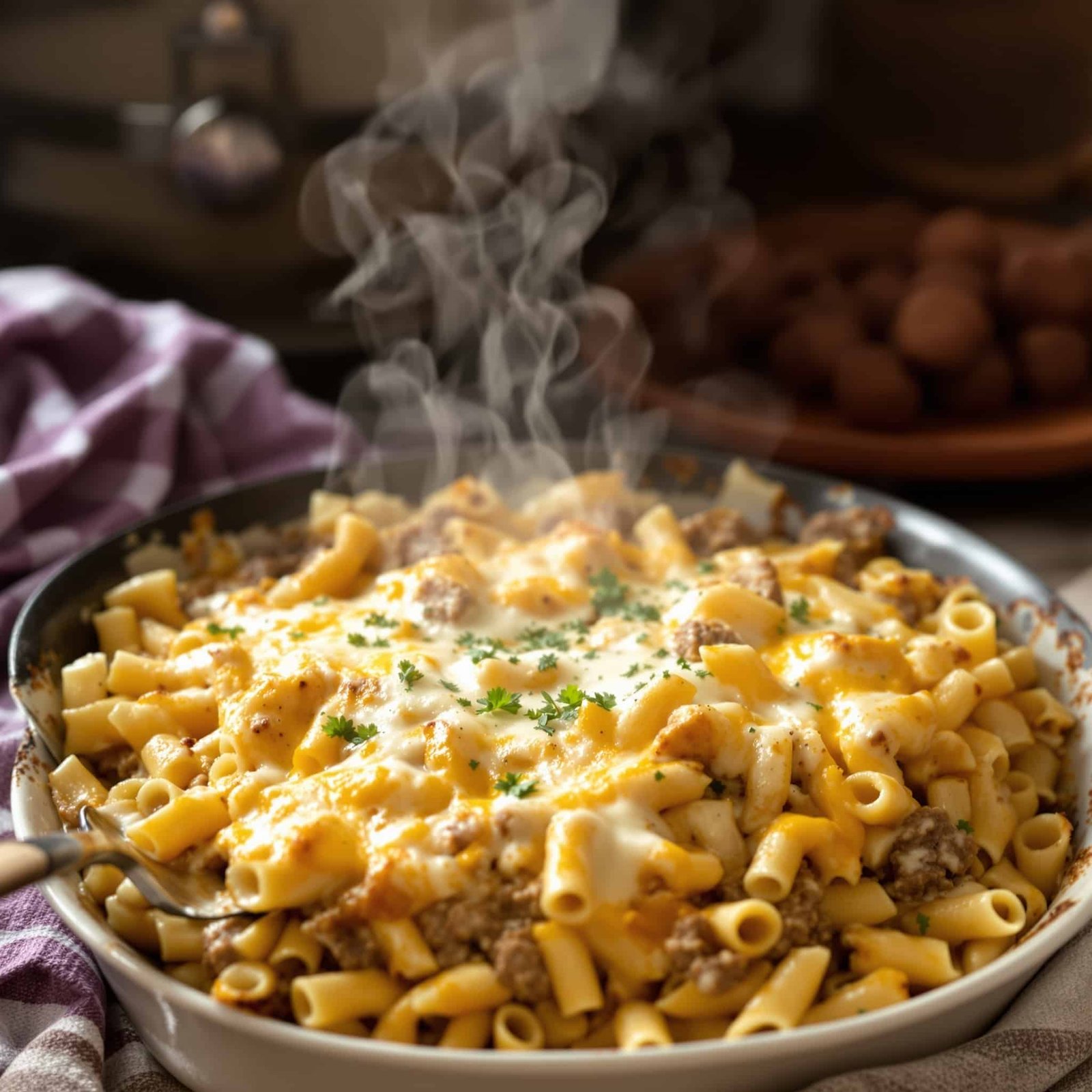 Cheesy Ground Beef Alfredo Bake in a rustic dish, topped with melted cheese and garnished with parsley.