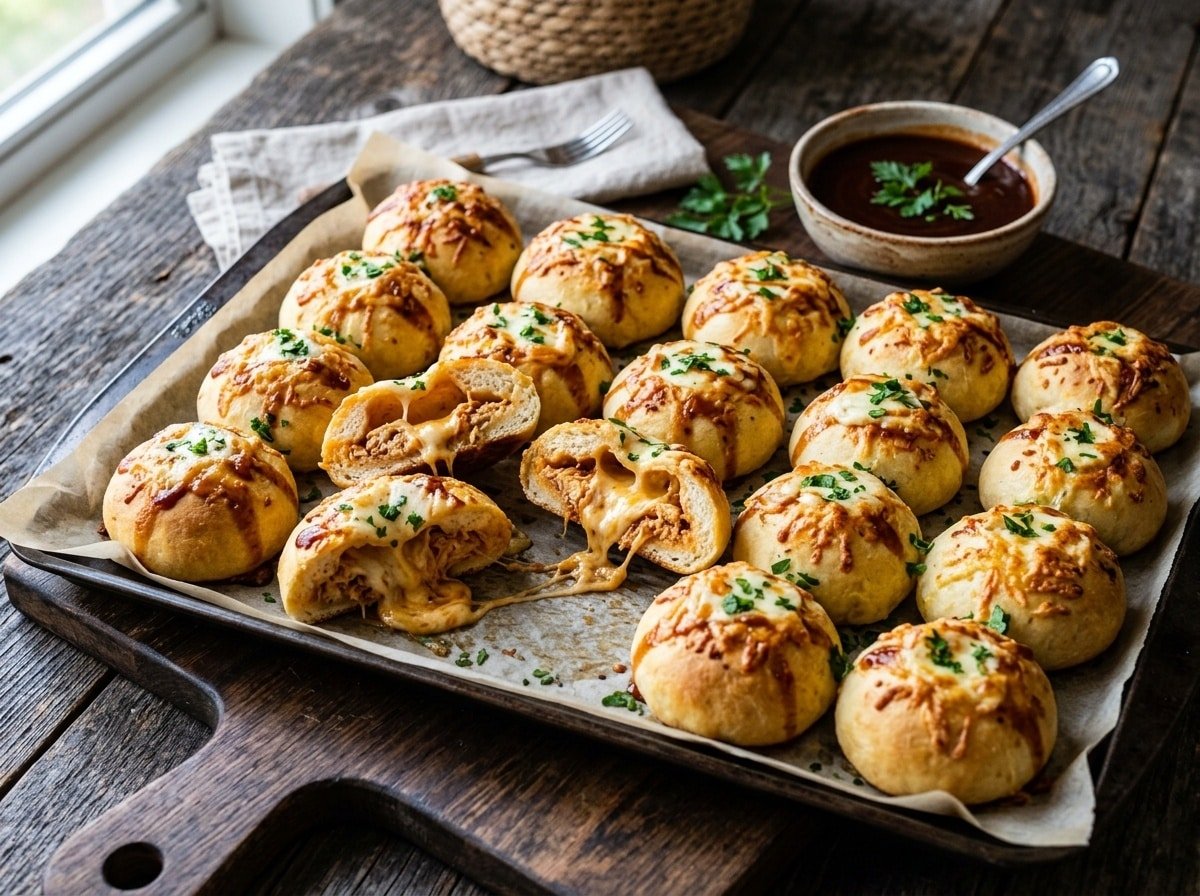 A tray of BBQ Chicken Stuffed Cheese Bombs with gooey cheese, served with a bowl of BBQ sauce on a wooden table.