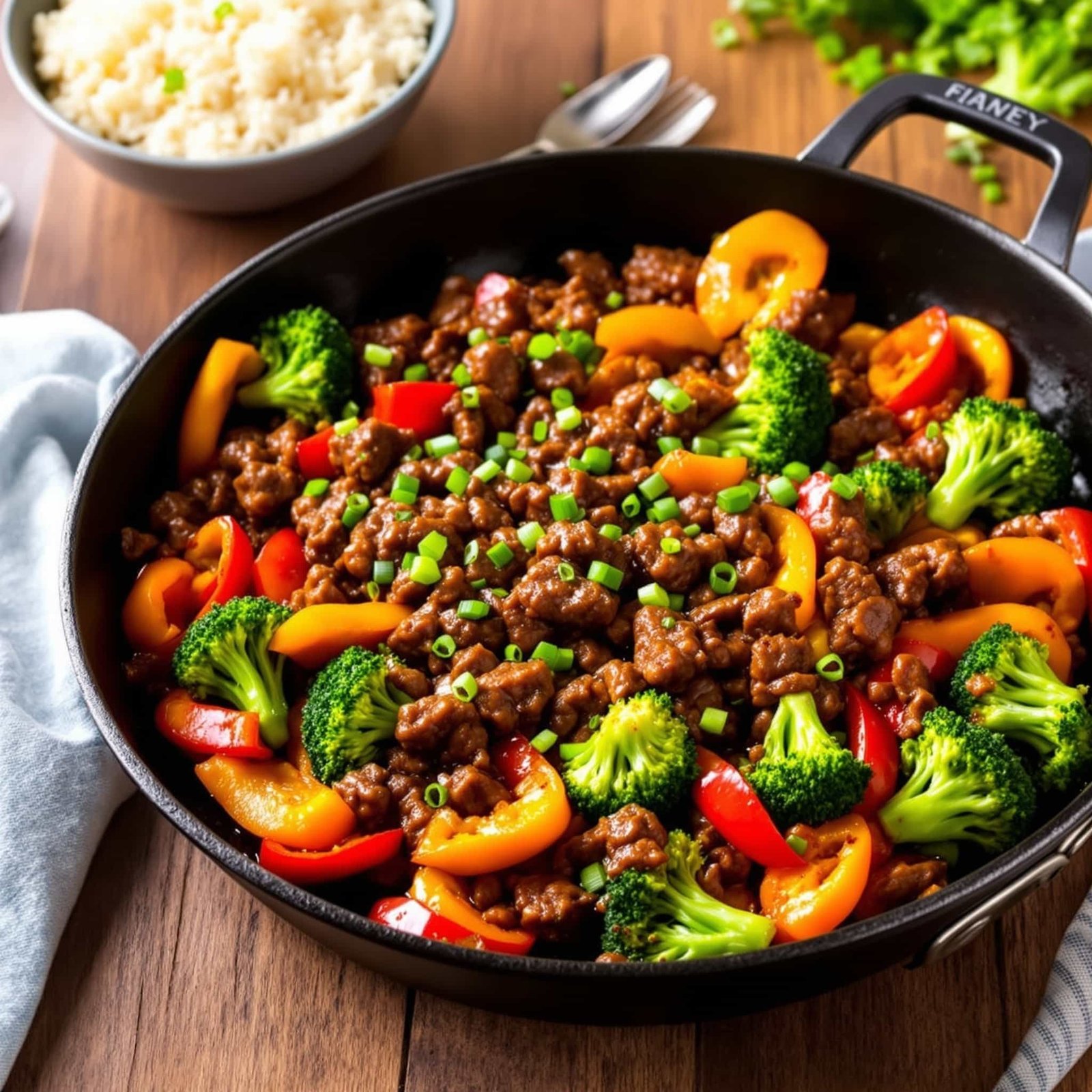 A honey garlic beef skillet with ground beef, bell peppers, and broccoli garnished with green onions, served on a rustic wooden table.