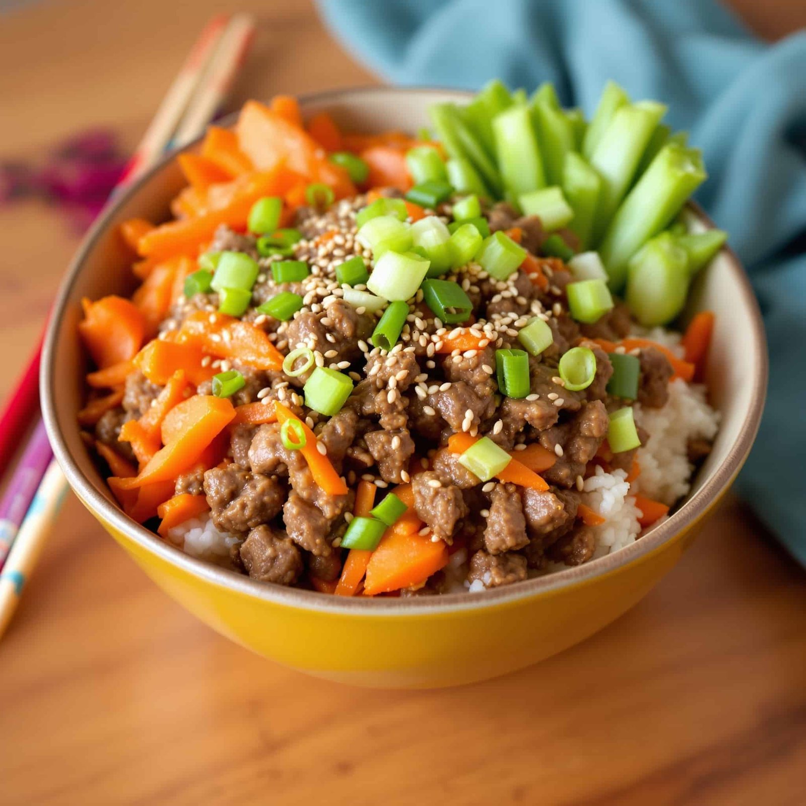 A delicious Beef and Carrot Rice Bowl with ground beef, sliced carrots, and rice, garnished with green onions and sesame seeds.