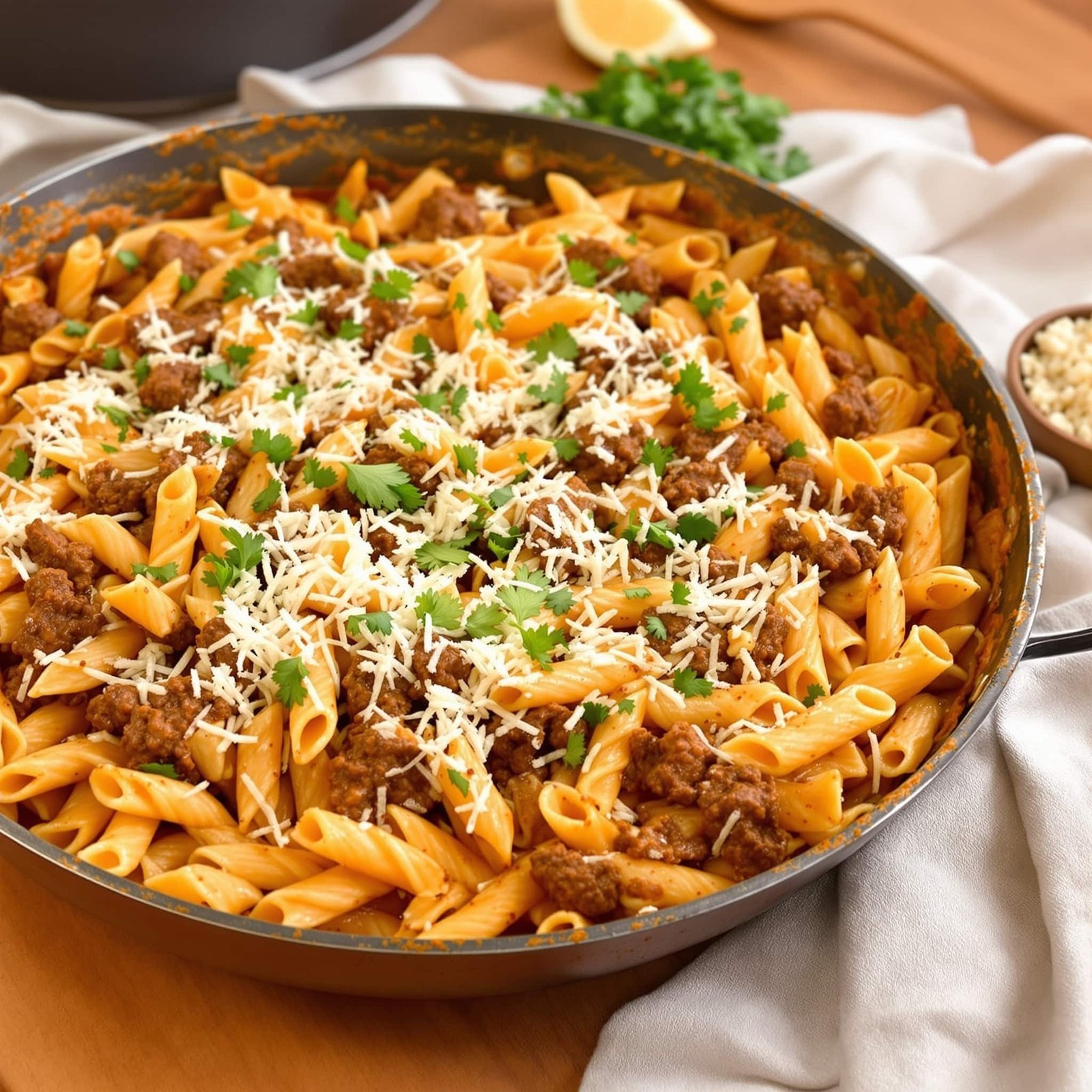 A creamy beef pasta skillet packed with pasta, ground beef, and a rich sauce, garnished with parmesan and parsley.