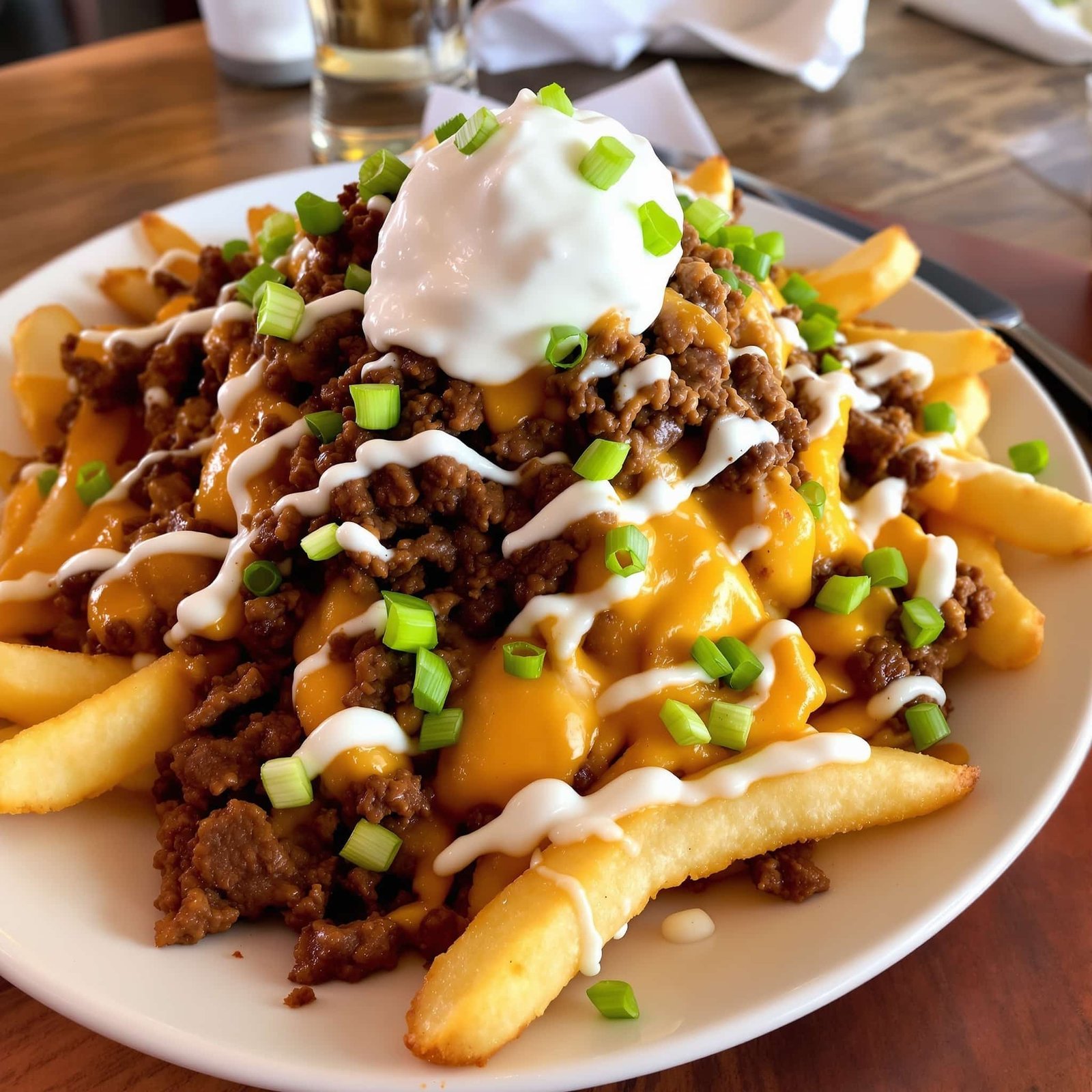 Loaded beef French fries topped with cheese, ground beef, sour cream, and green onions on a rustic plate.