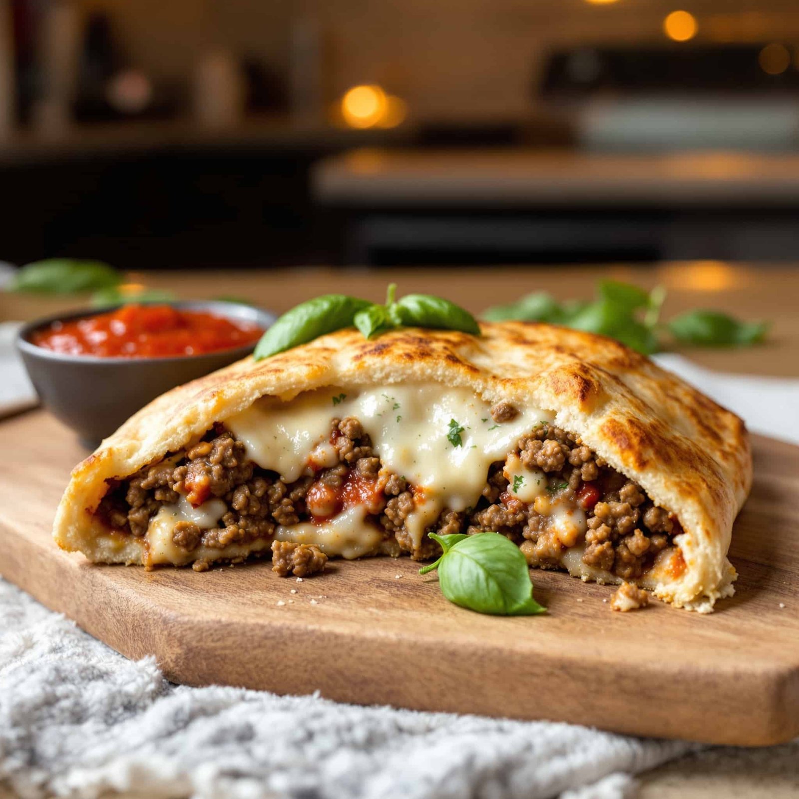 Golden brown calzone filled with ground beef and cheese, served with marinara sauce on the side, set on a wooden board in a kitchen.