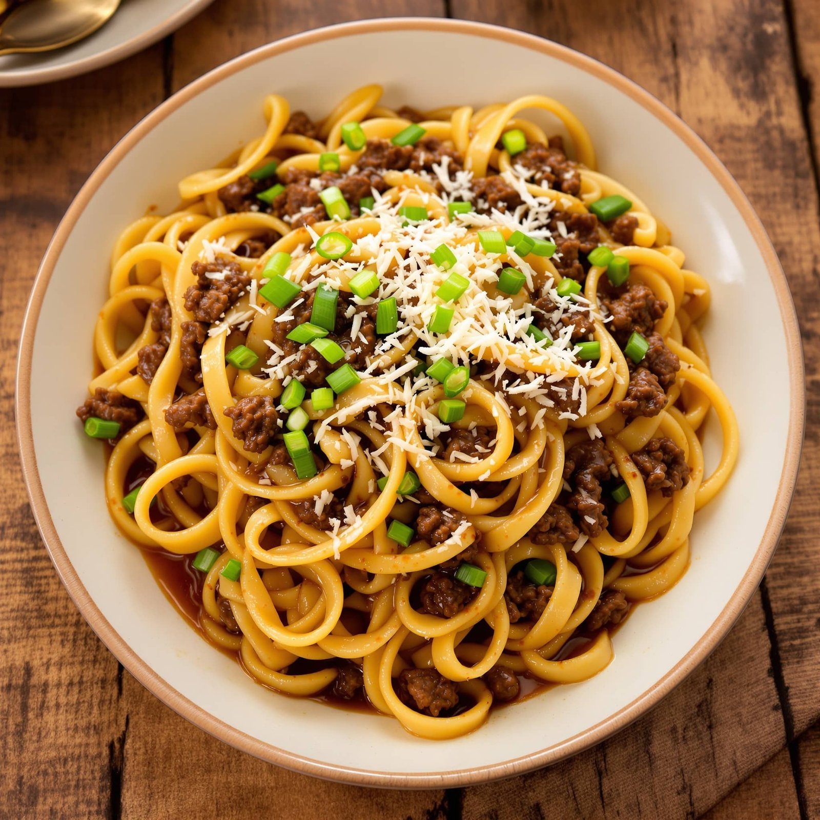 A plate of beef and garlic butter noodles with ground beef and green onions on a rustic table.