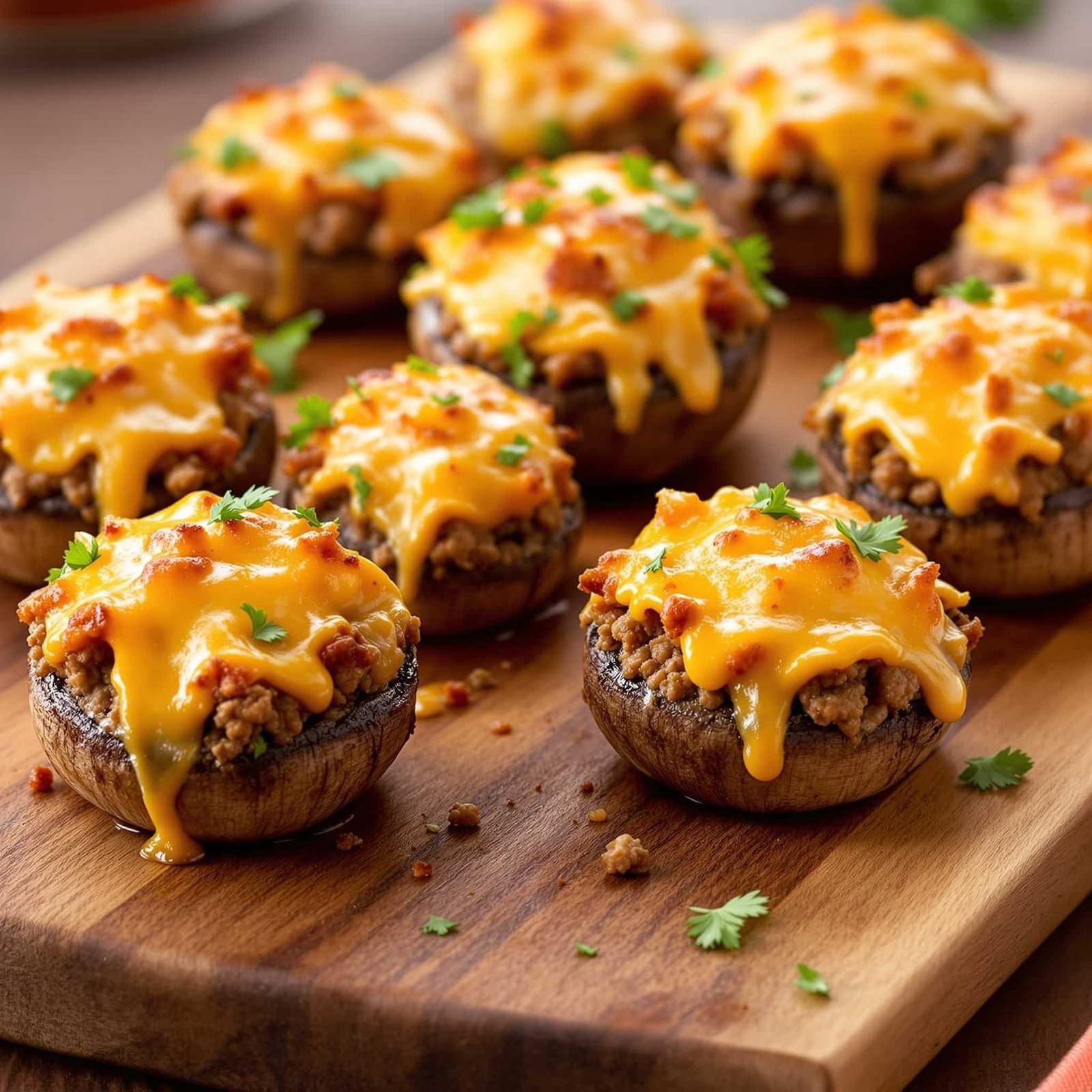 Delicious Cheesy Beef Stuffed Mushrooms on a platter, filled with ground beef and topped with melted cheese.