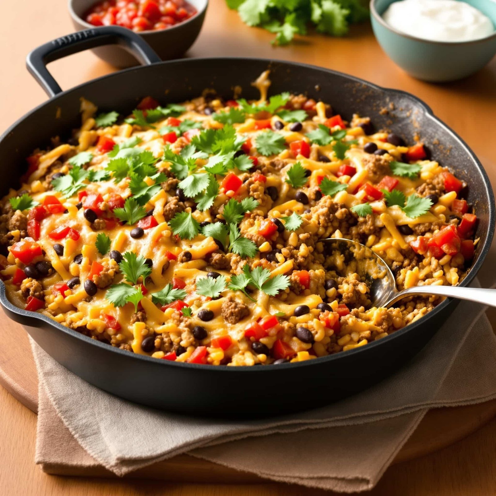 A delicious burrito skillet with ground beef, rice, beans, and cheese, garnished with cilantro, served in a rustic skillet on a wooden table.