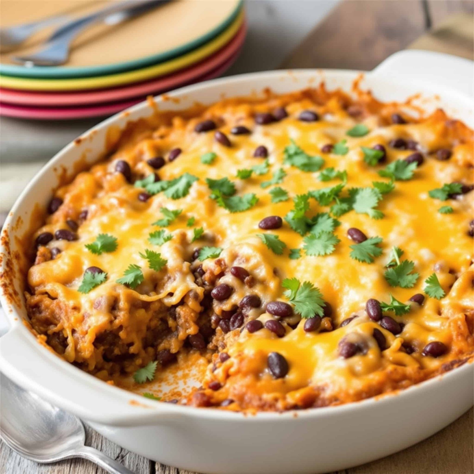 A delicious Beef and Black Bean Casserole, golden and cheesy, served with fresh cilantro, on a wooden table.