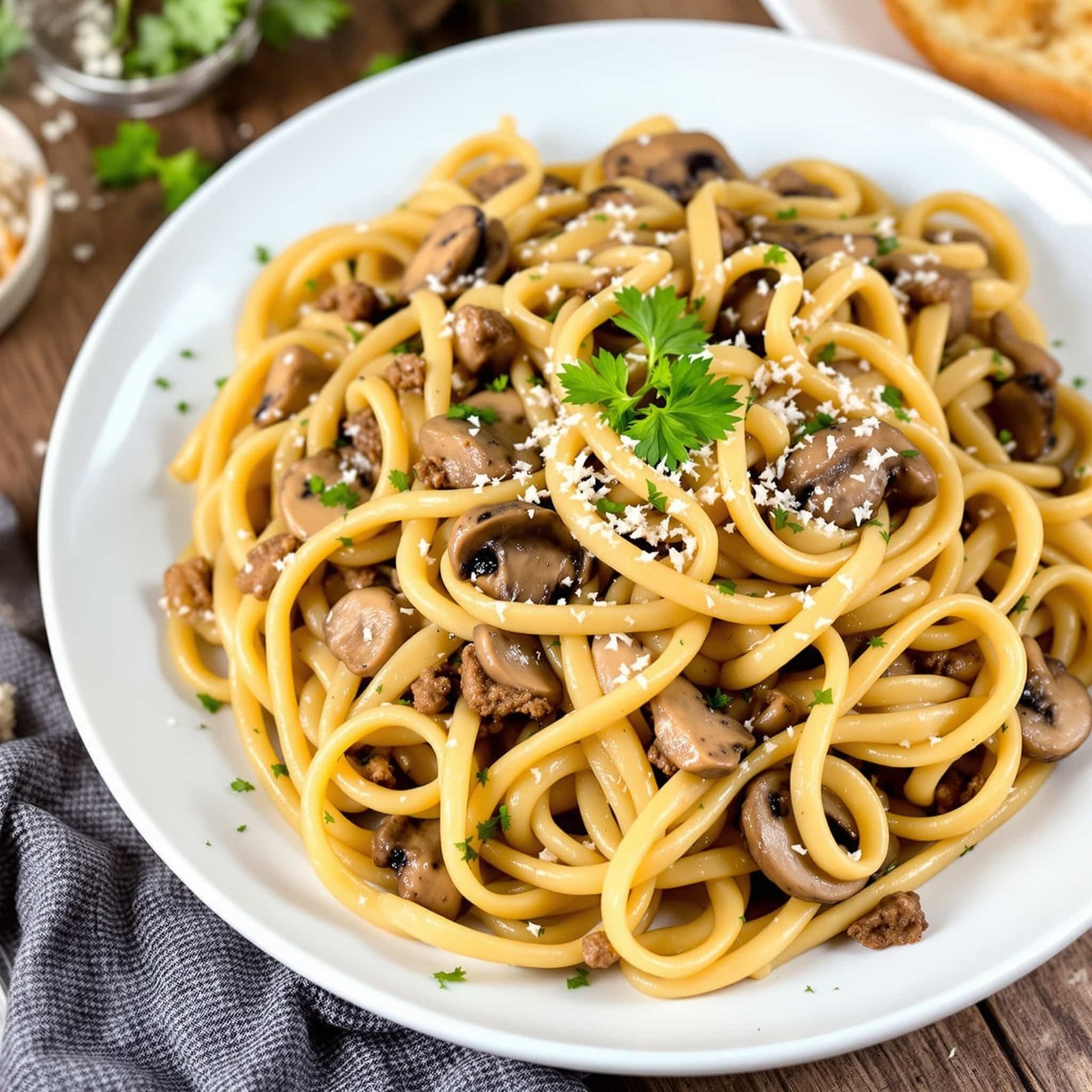 Creamy Beef and Mushroom Pasta Recipe Creamy beef and mushroom pasta served on a plate, garnished with parsley, on a rustic wooden table.