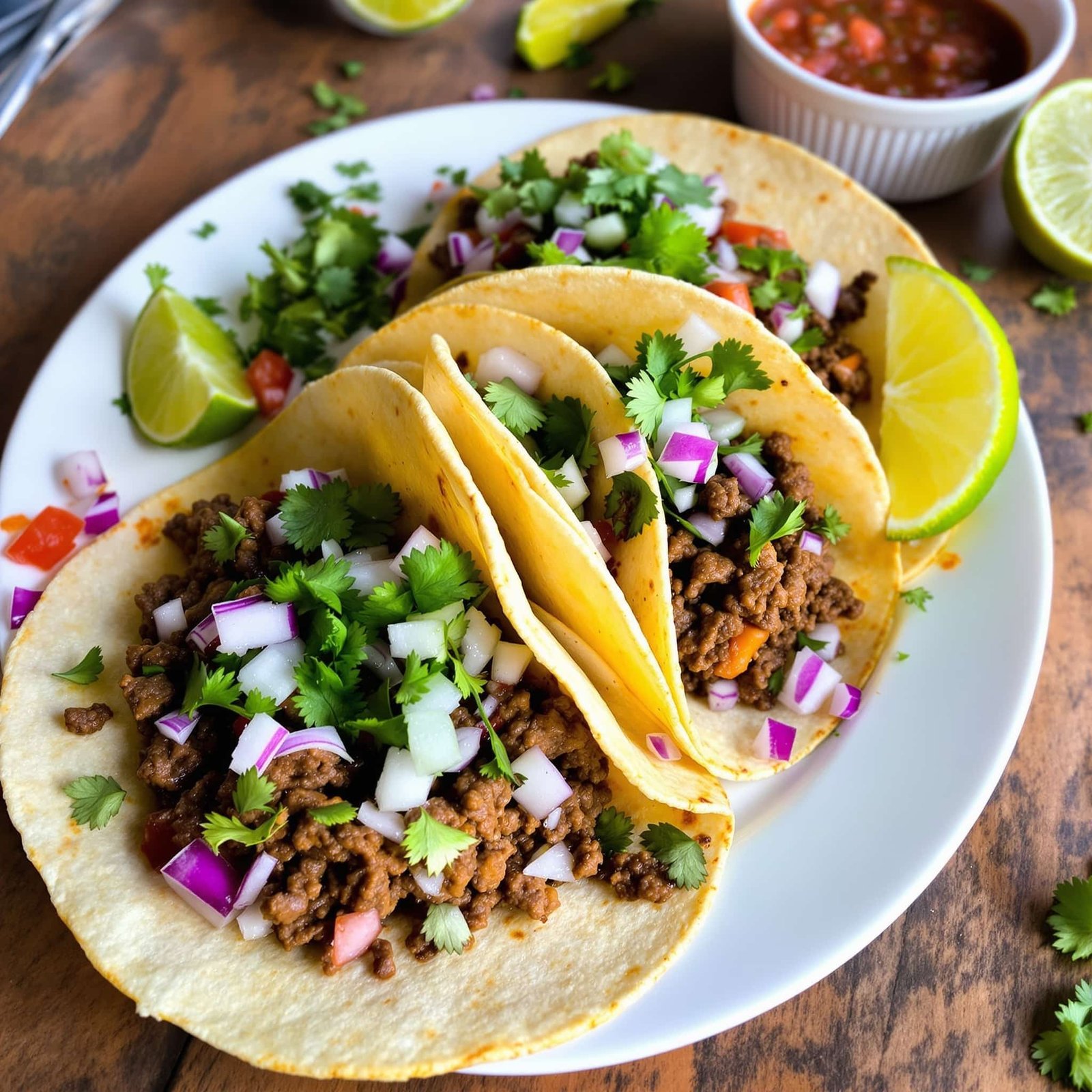 A plate of ground beef street tacos topped with cilantro and onions, with lime wedges and salsa on the side.