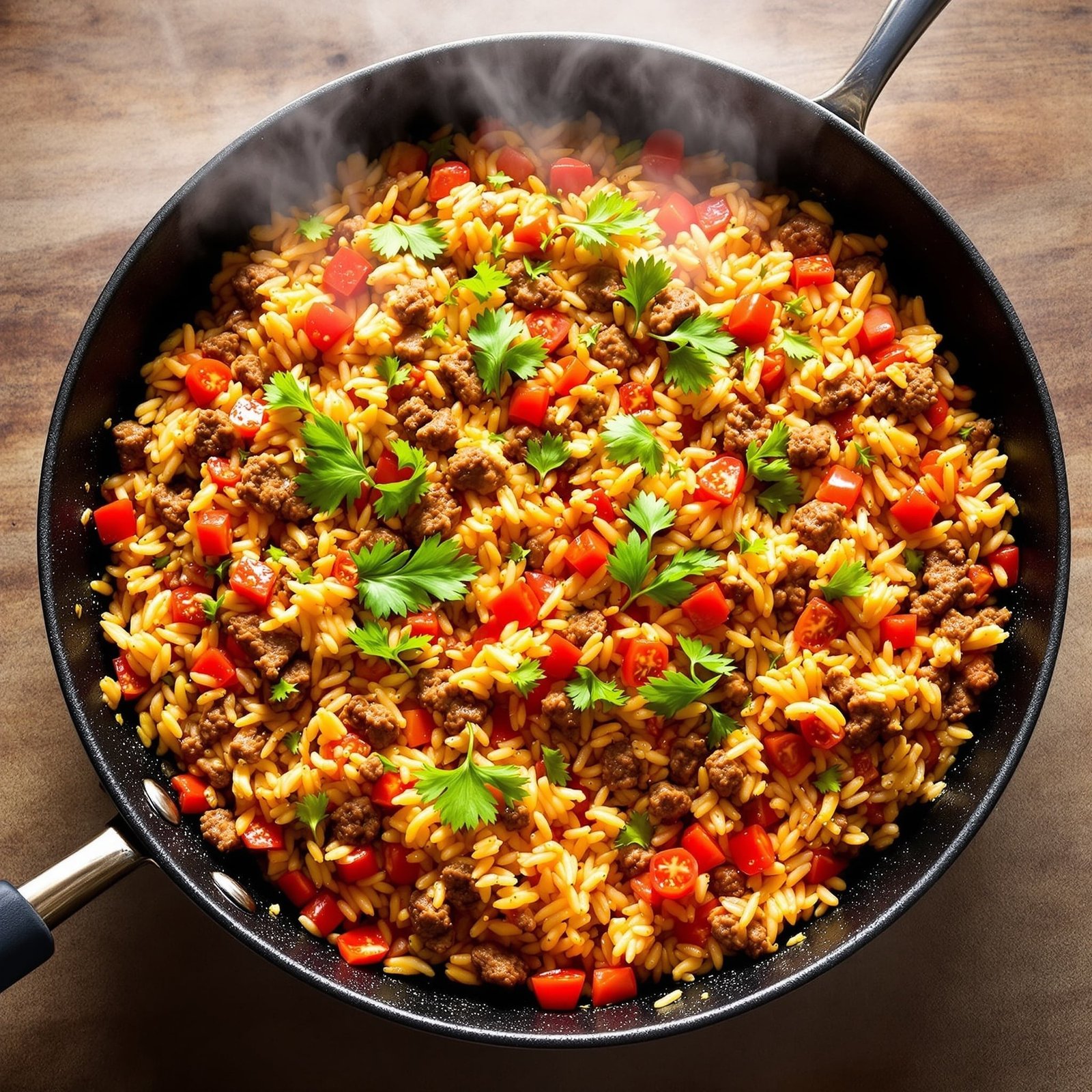 Beef and Tomato Rice Skillet with ground beef, rice, and diced tomatoes in a skillet, garnished with parsley.