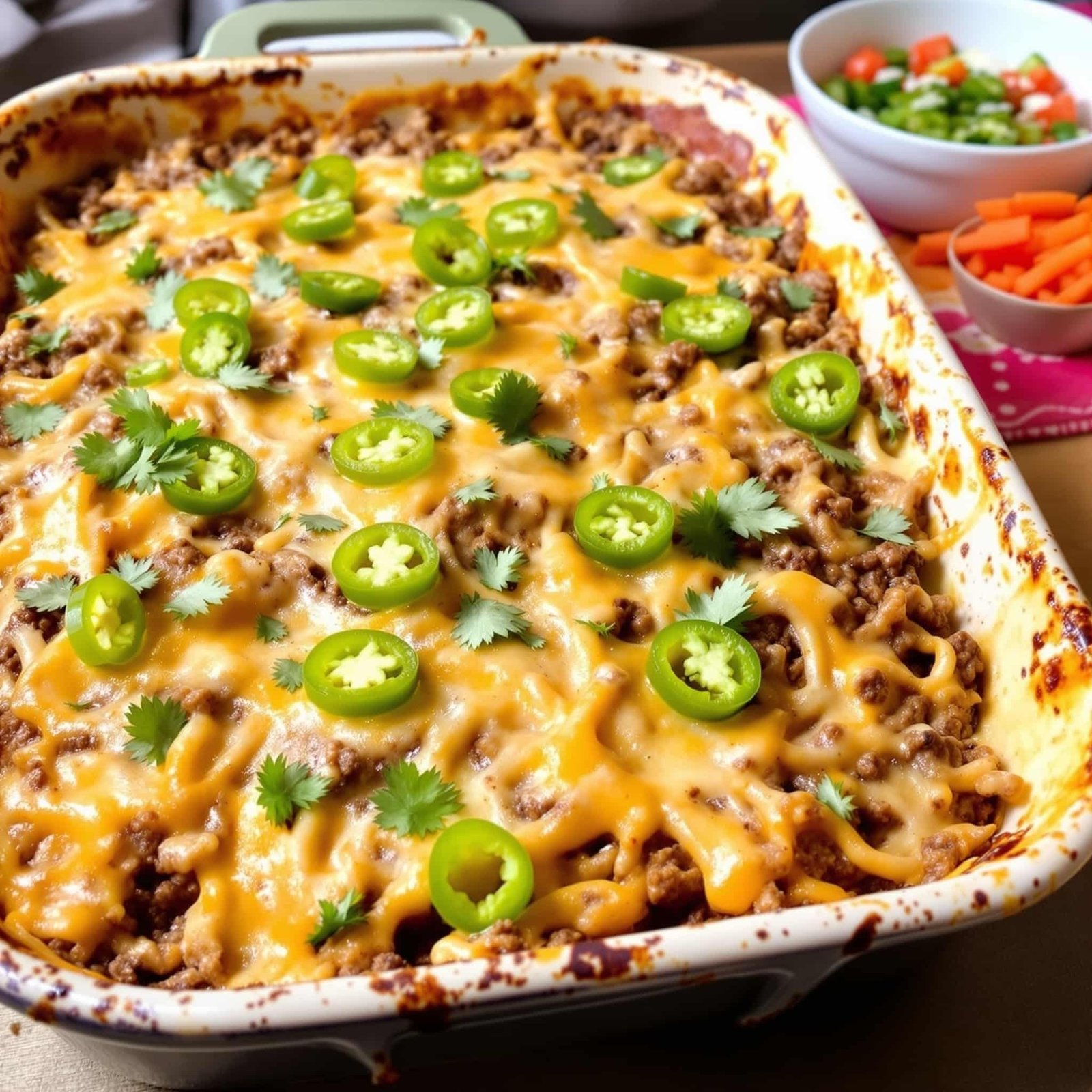 Cheesy Beef Jalapeño Bake Recipe A Cheesy Beef Jalapeño Bake with ground beef, jalapeños, and melted cheese, garnished with cilantro in a rustic dish.