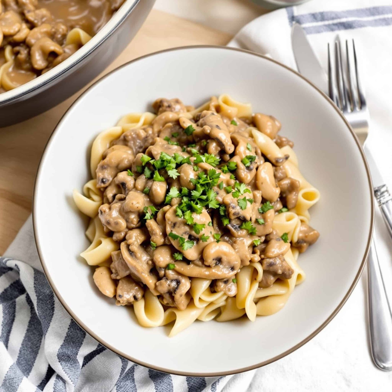 A bowl of creamy beef stroganoff with egg noodles, ground beef, and mushrooms, garnished with parsley.