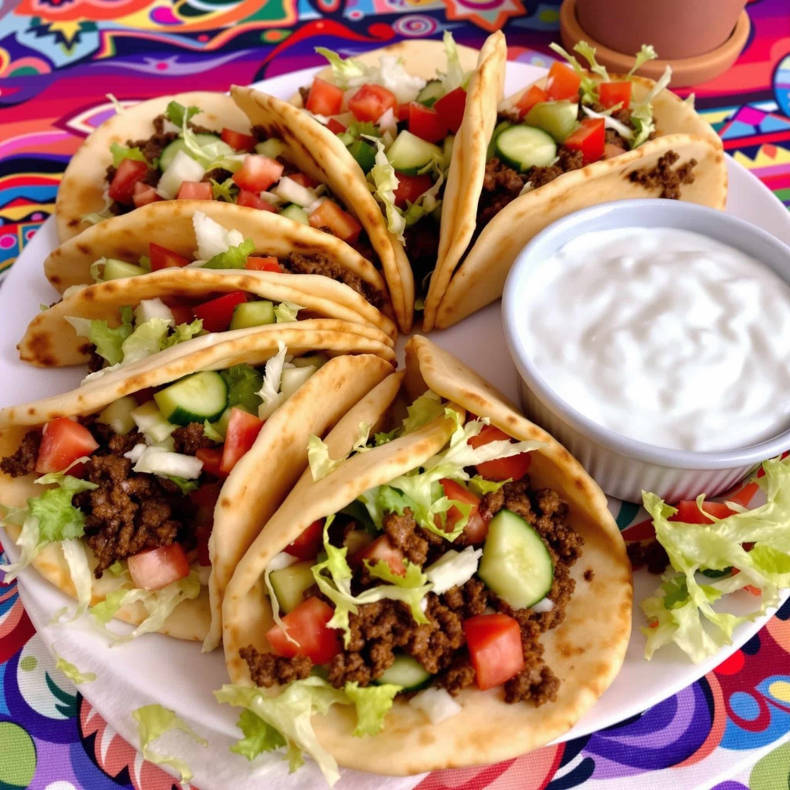 Spiced ground beef pita pockets filled with lettuce, tomatoes, and cucumbers, served with tzatziki sauce on a colorful table.