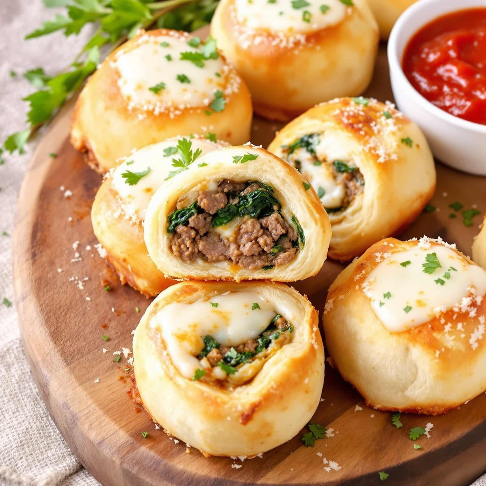 Beef and spinach stuffed roll on a wooden platter with marinara sauce and herbs.