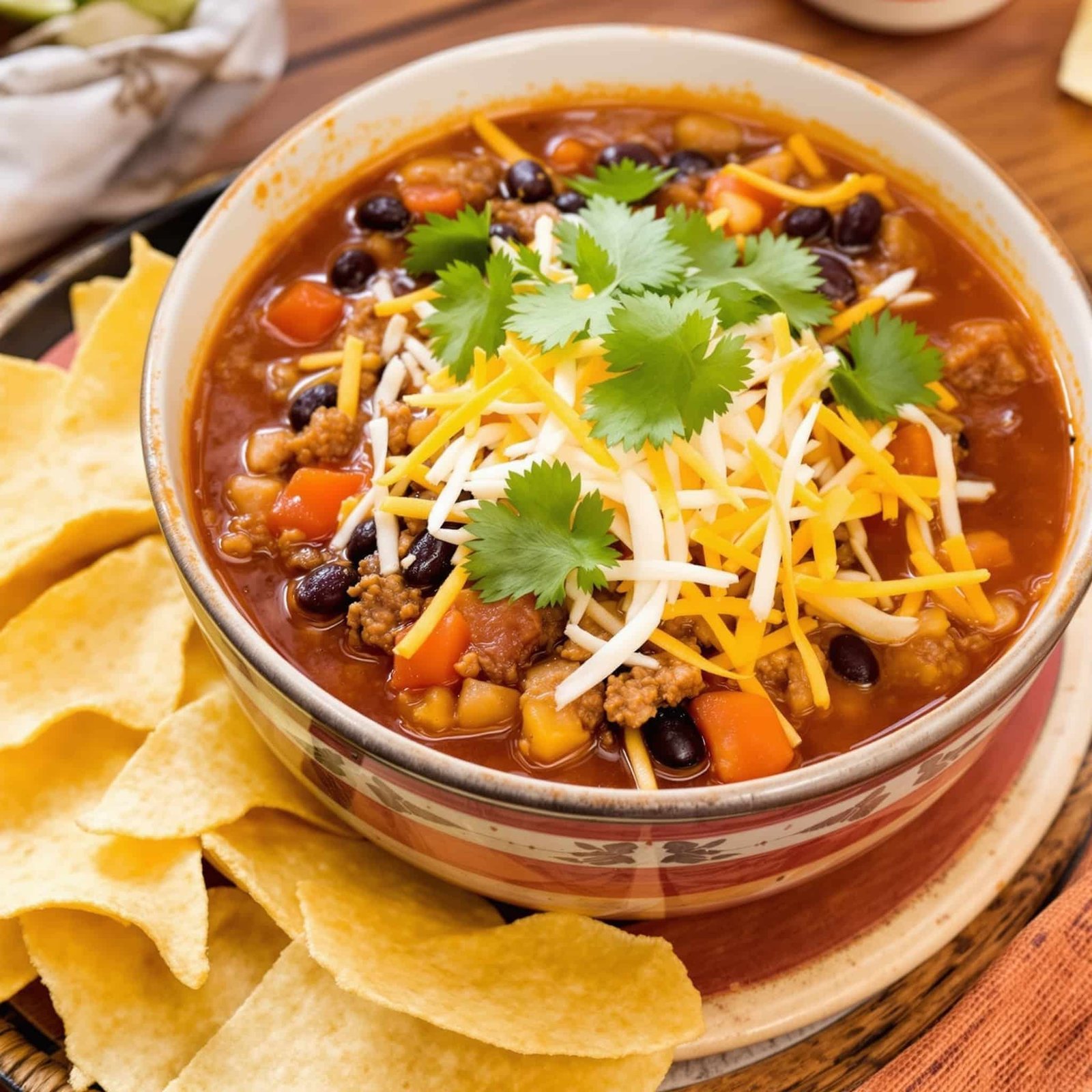 A hearty bowl of beef taco soup with cheese and cilantro on top, served with tortilla chips.