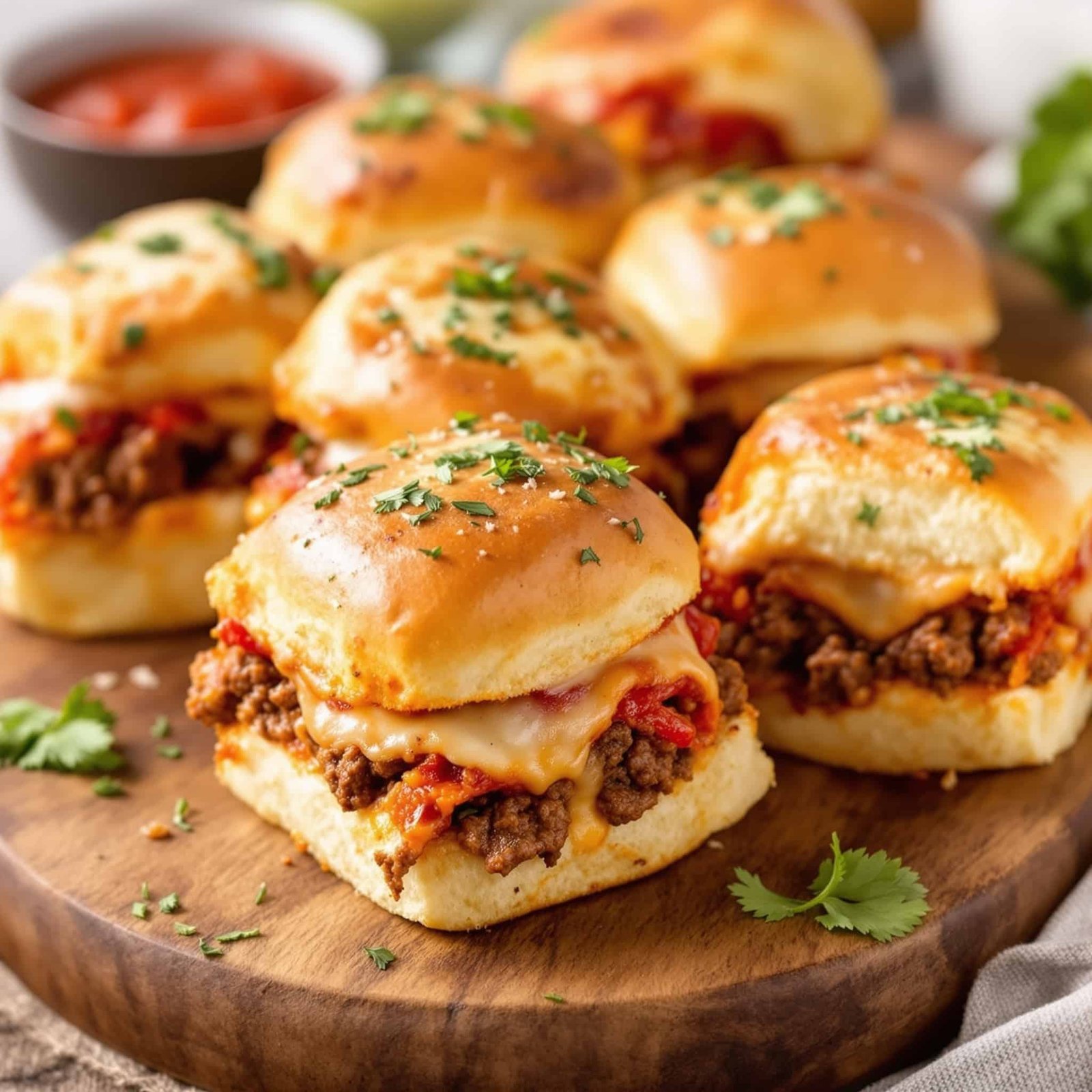 Cheesy ground beef pizza sliders on a wooden platter, with marinara sauce for dipping.