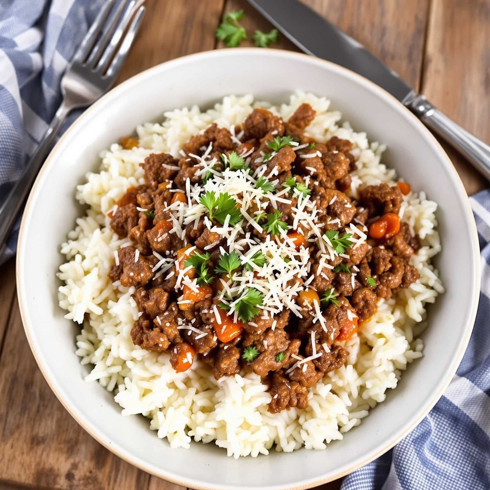 A beef and parmesan rice bowl with ground beef and rice garnished with parmesan and parsley on a wooden table.