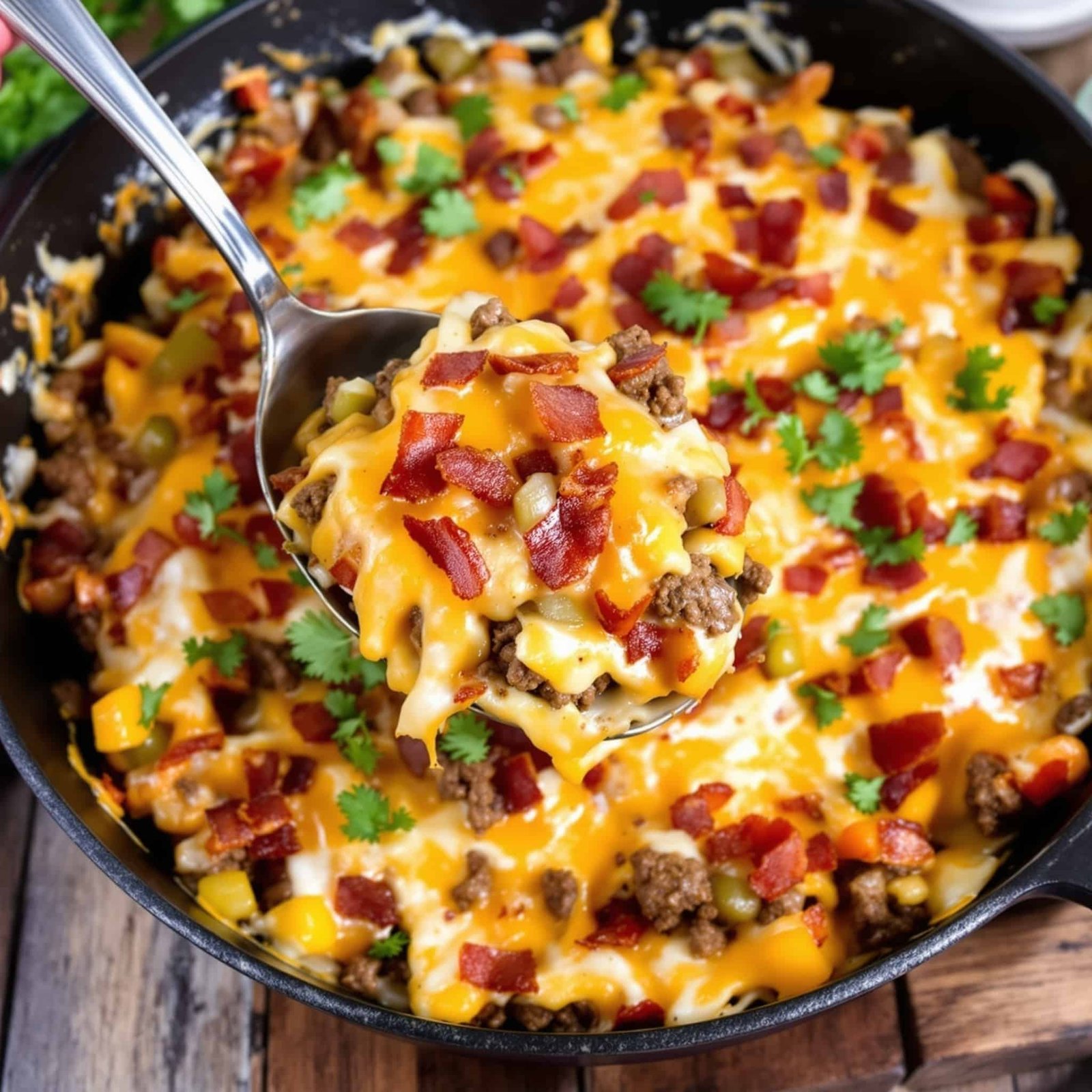 A cheesy beef and bacon skillet loaded with ground beef, bacon, bell peppers, and topped with melted cheese.