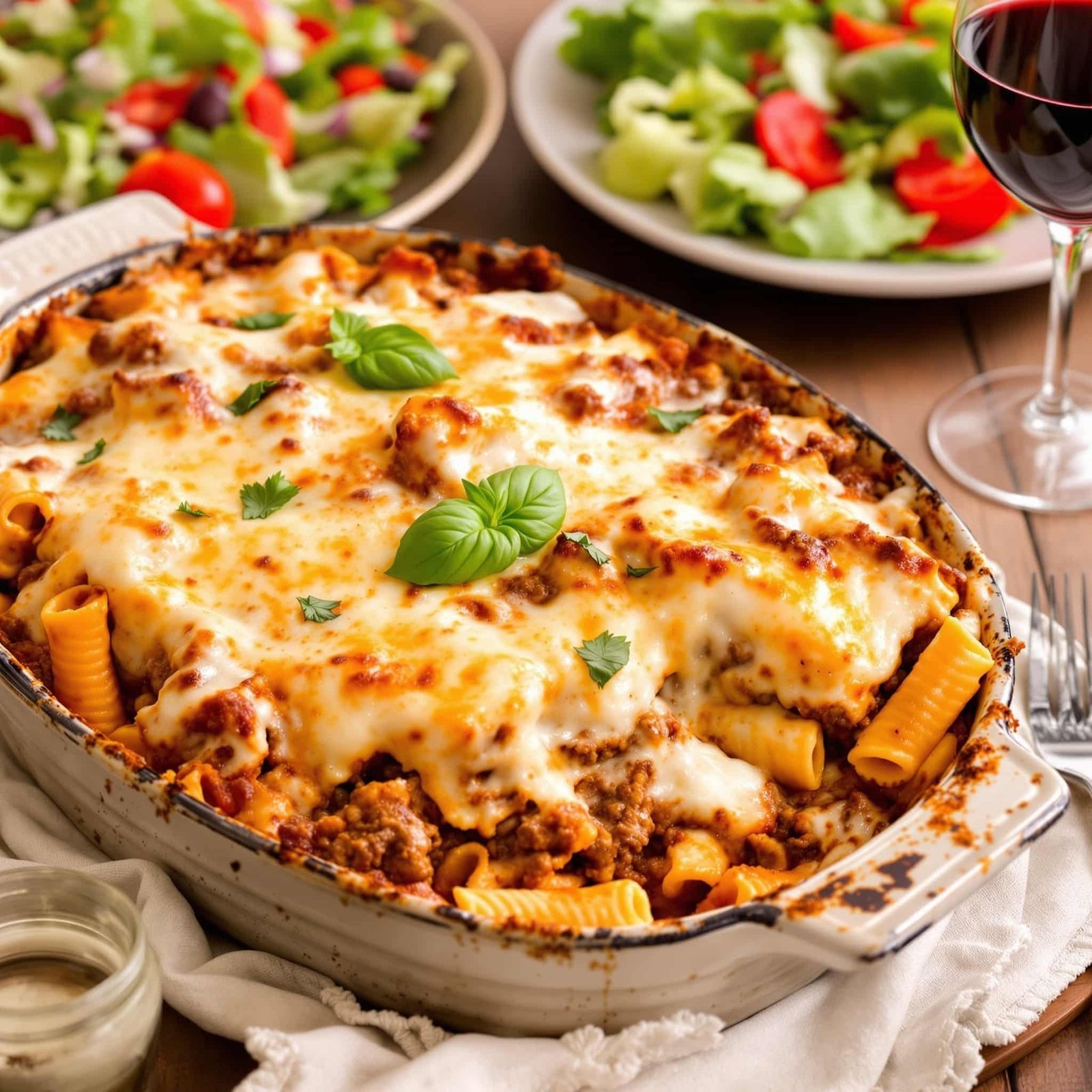 A hearty Italian beef casserole bake with melted cheese, ground beef, and pasta, garnished with basil.