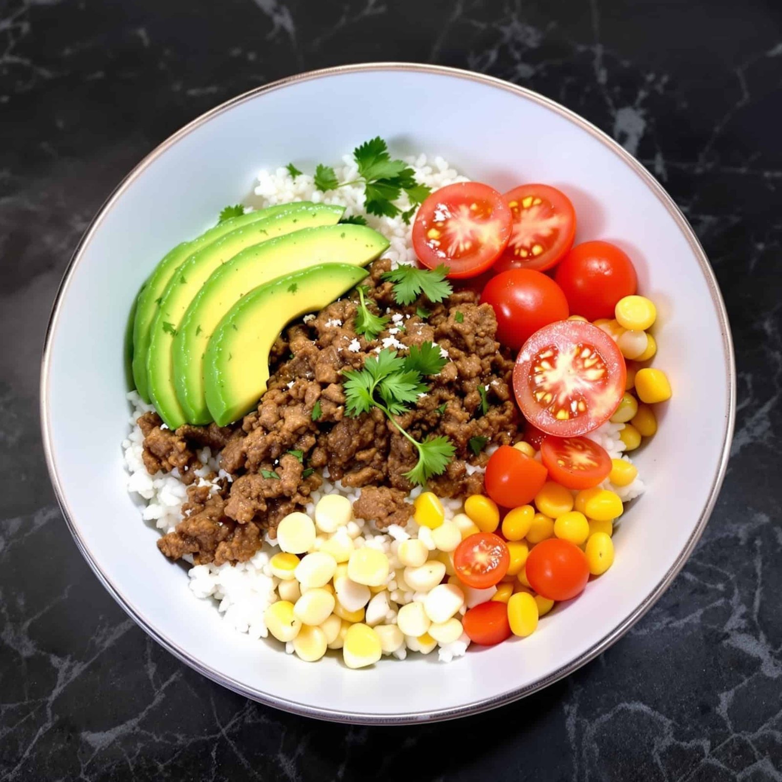 A delicious beef and avocado rice bowl with ground beef, rice, avocado, cherry tomatoes, and corn, garnished with cilantro.