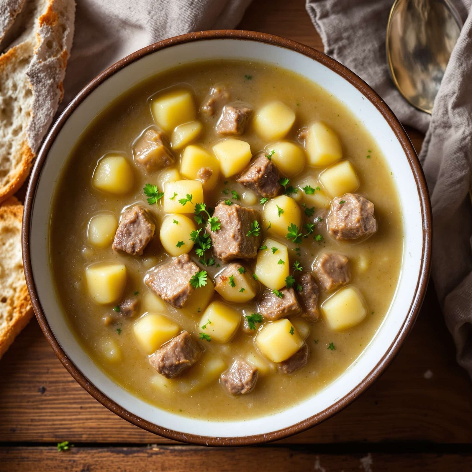 Creamy beef and potato soup in a bowl with parsley, served with crusty bread on a wooden table.