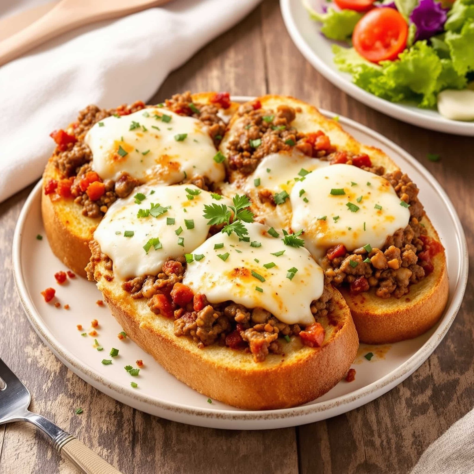 Cheesy ground beef garlic bread bake topped with parsley on a rustic table.
