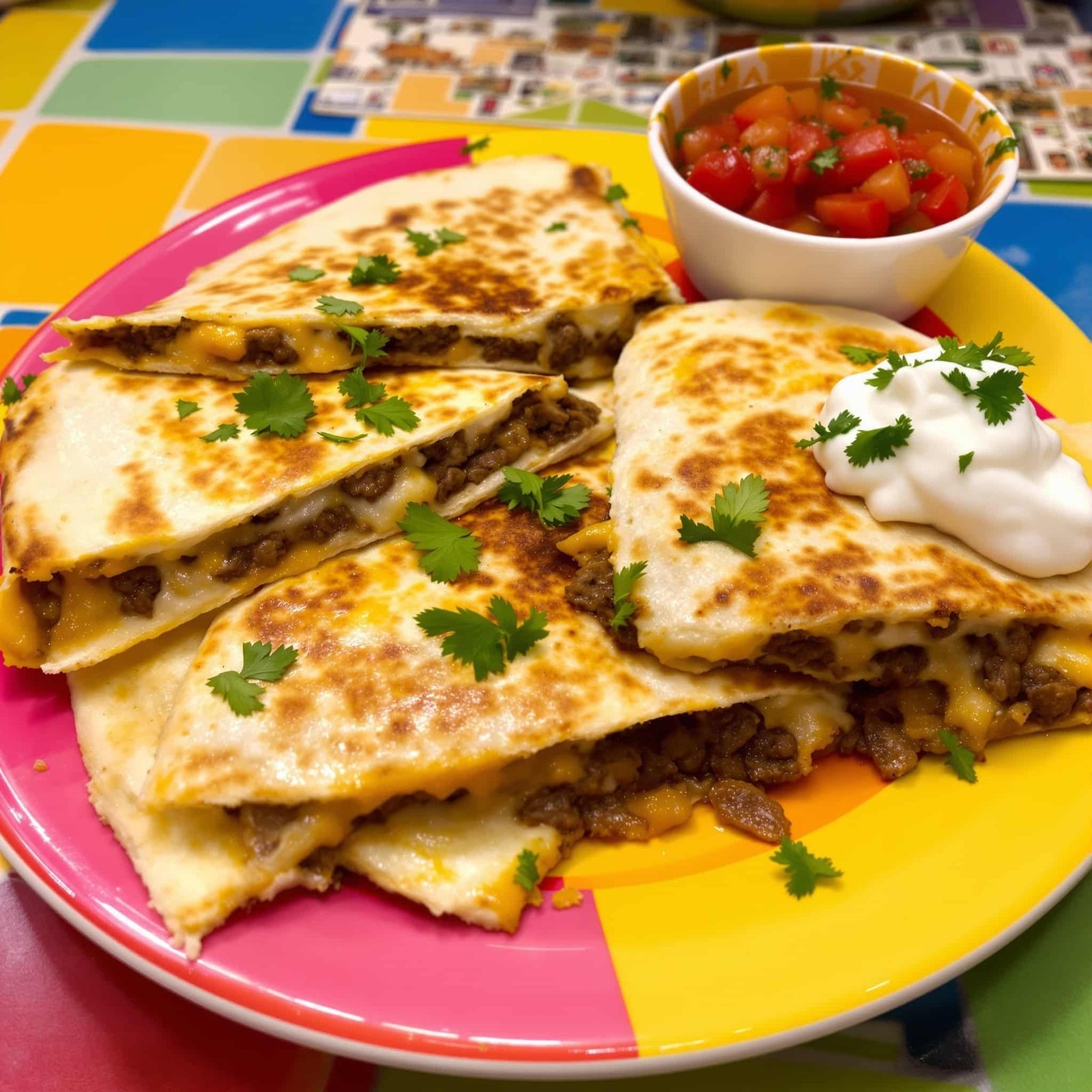 Golden beef quesadilla sliced into wedges, served with salsa and sour cream on the side.