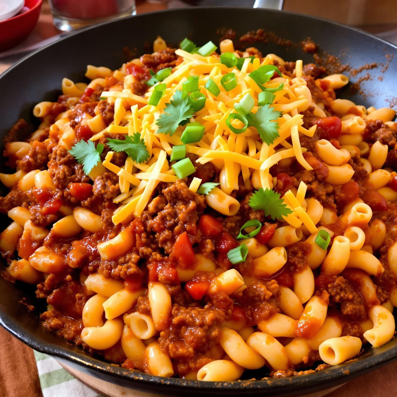 A delicious Beef and Chili Mac Skillet with elbow macaroni, ground beef, diced tomatoes, and melted cheese, garnished with green onions, in a warm kitchen setting.