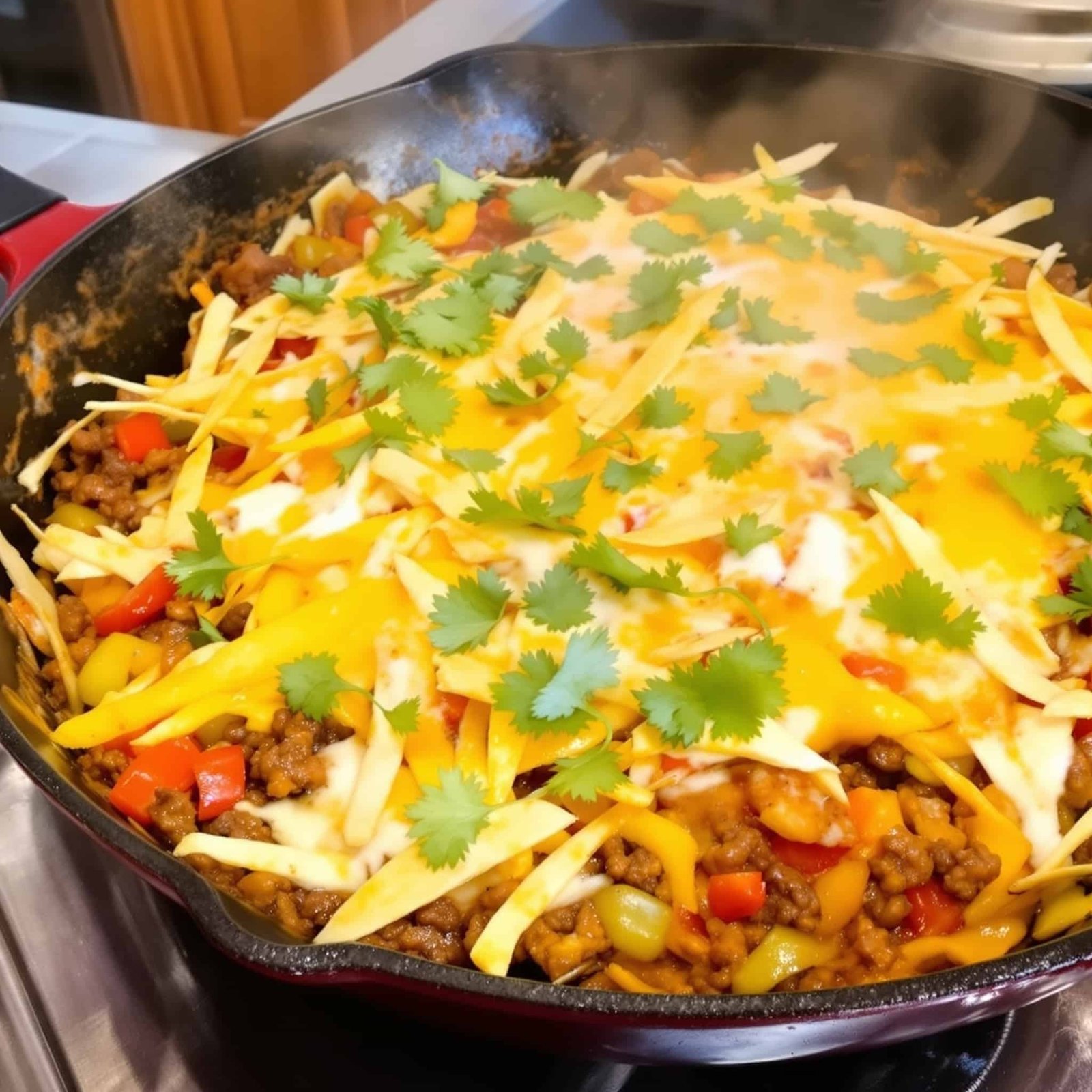 A delicious Cheesy Beef Enchilada Skillet with melted cheese, ground beef, and bell peppers, garnished with cilantro in a skillet.