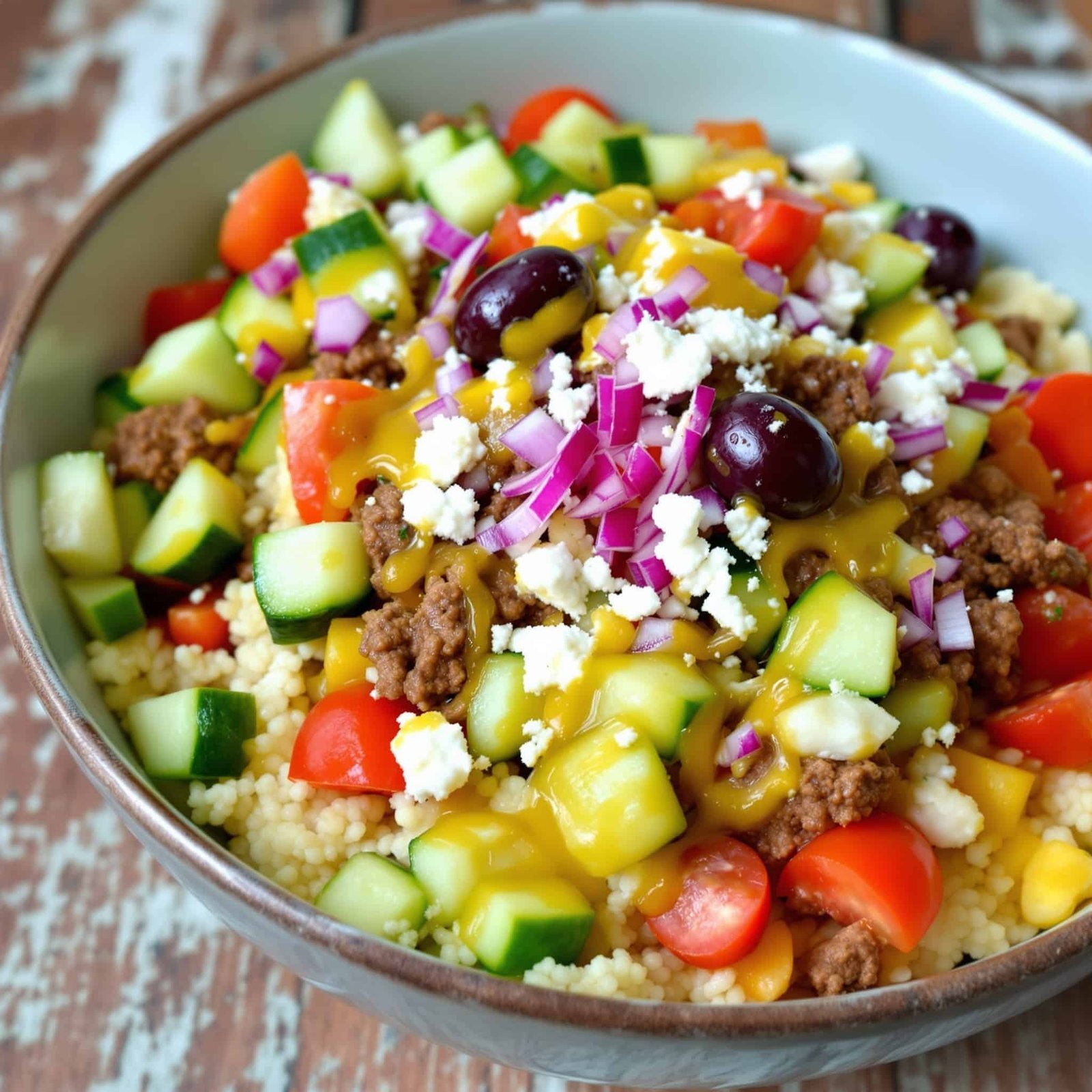 Mediterranean bowl with ground beef, couscous, fresh vegetables, topped with feta cheese and olives.