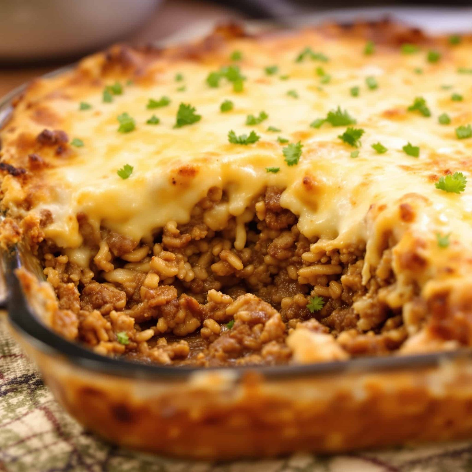 A hearty beef and rice casserole topped with melted cheese and parsley in a baking dish.