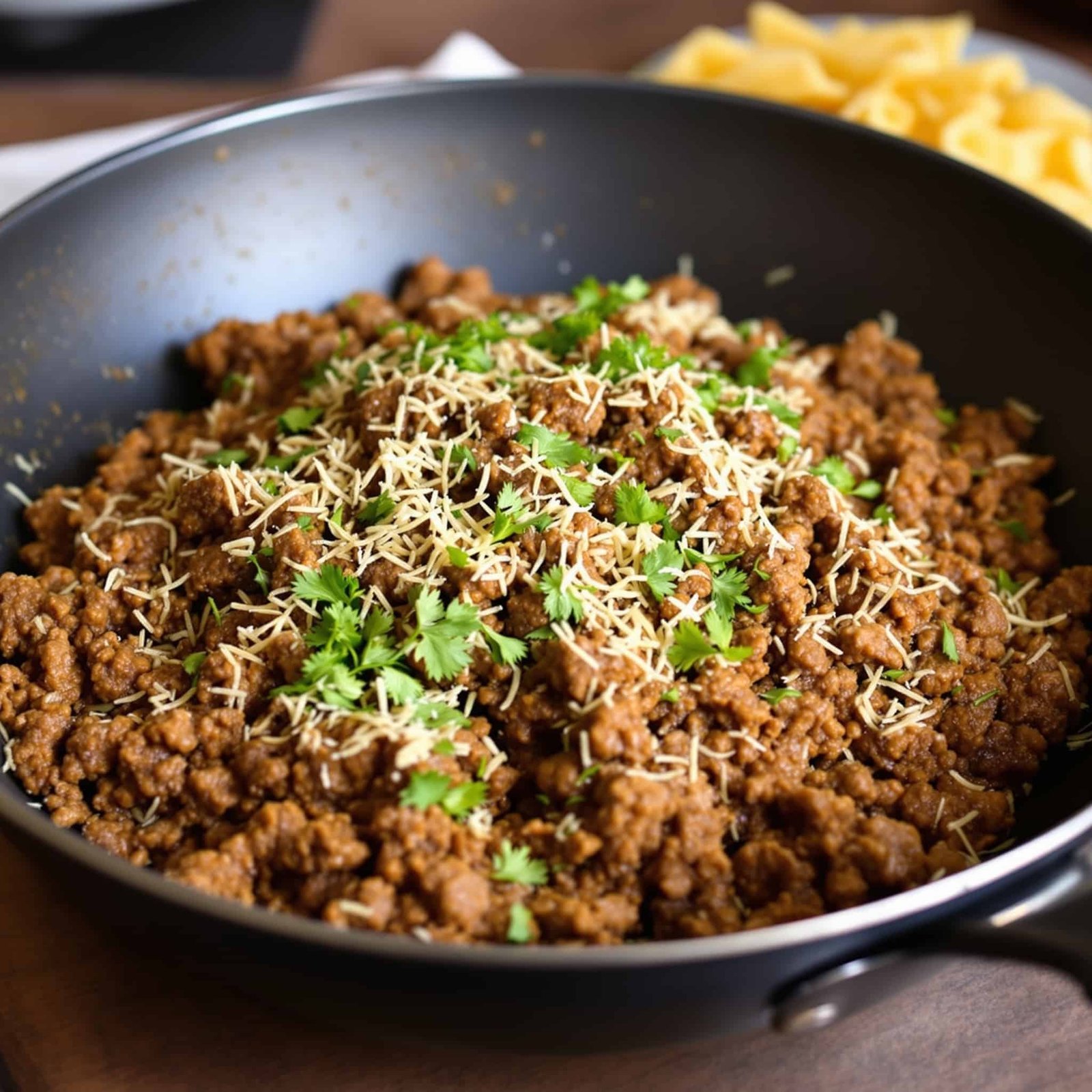 A delicious Garlic Parmesan Beef Skillet served in a frying pan, topped with parsley and paired with pasta.