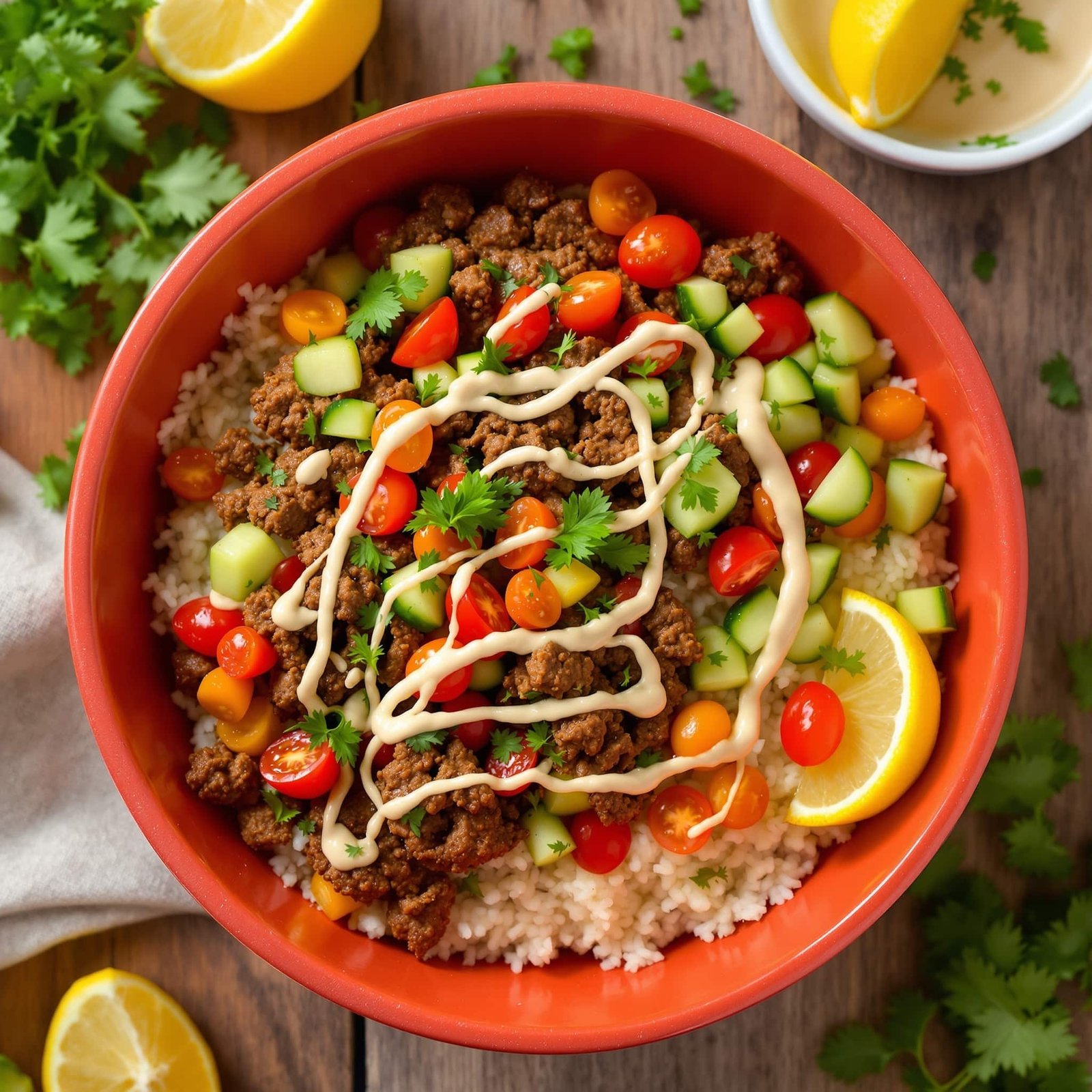 Spiced ground beef shawarma bowl over rice with tomatoes, cucumbers, and tahini sauce on a rustic surface.