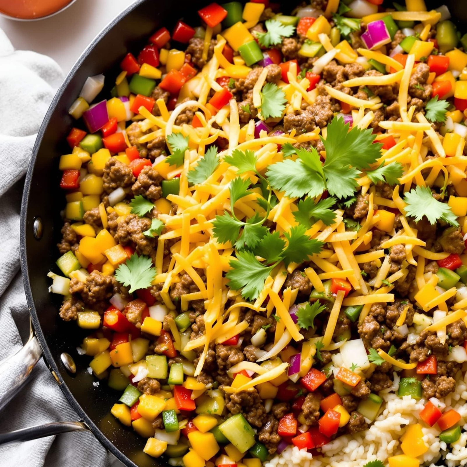 A hearty skillet dish with ground beef and salsa verde, topped with cheese and cilantro, served with rice.