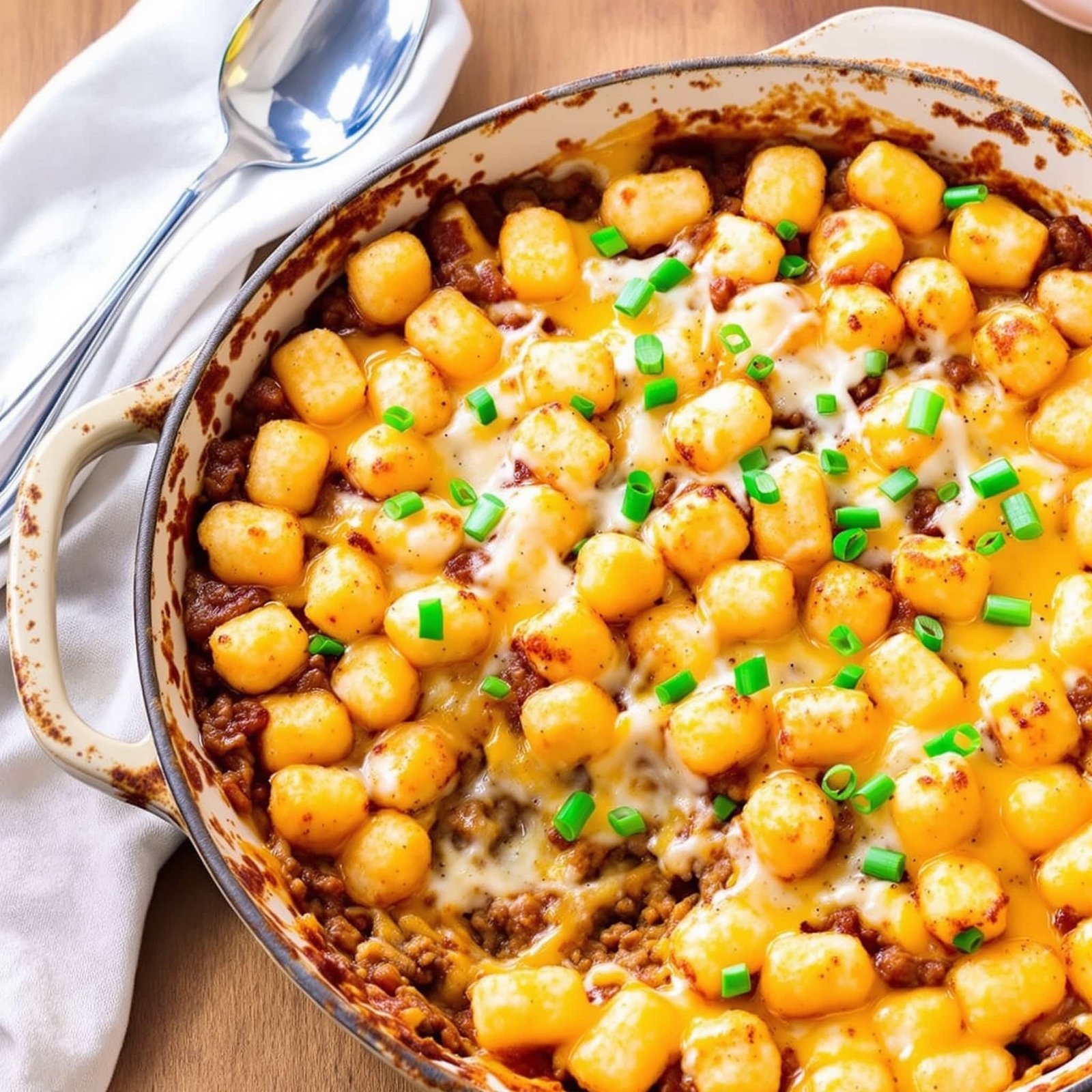 A cheesy beef tater tot bake topped with golden tater tots and melted cheese, garnished with green onions.