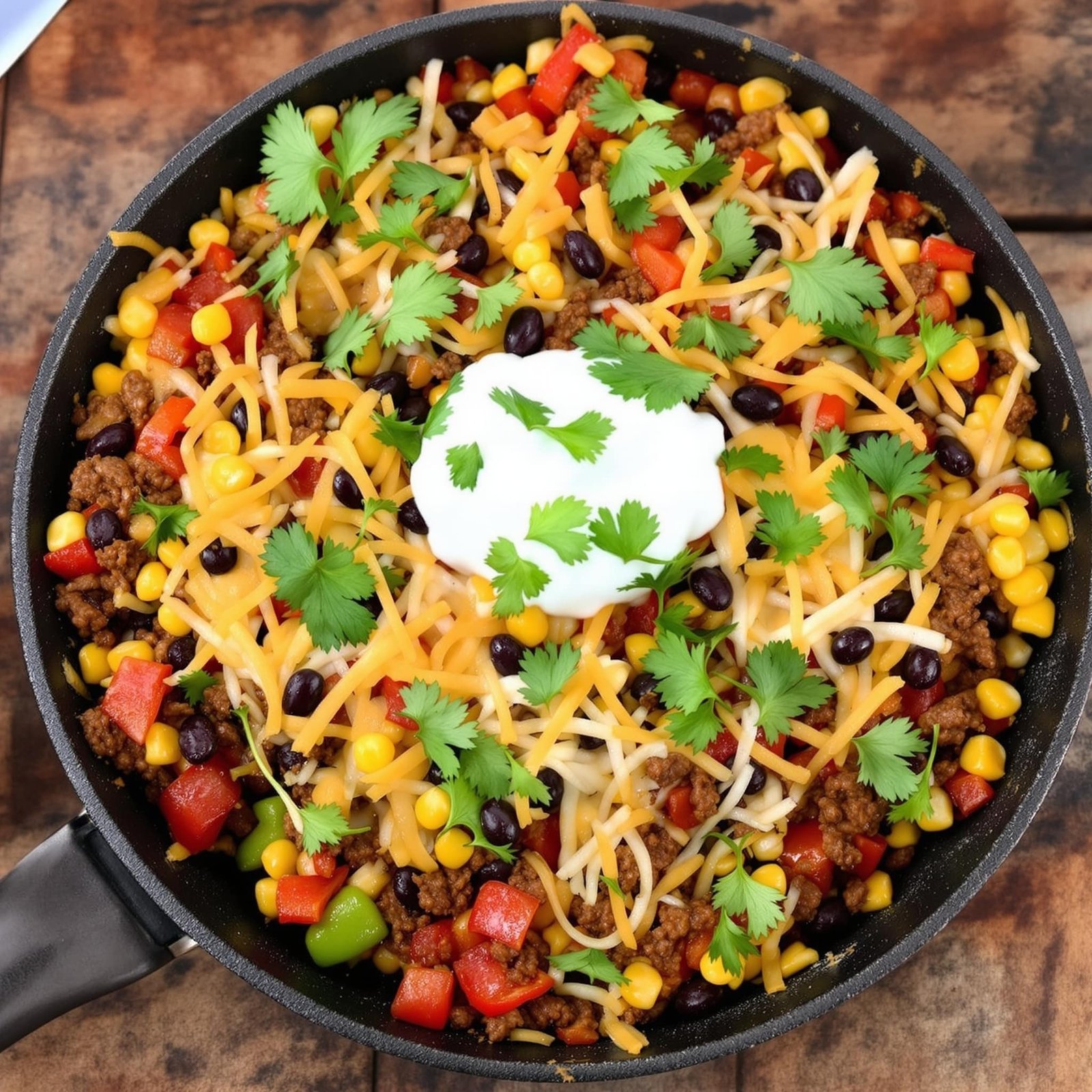 A delicious Tex Mex skillet with ground beef, vegetables, and cheese, garnished with cilantro and sour cream.