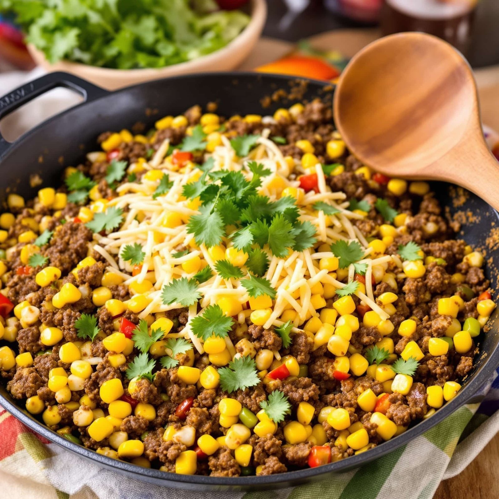 A colorful skillet dinner with ground beef, corn, bell peppers, topped with melted cheese, set in a rustic kitchen.