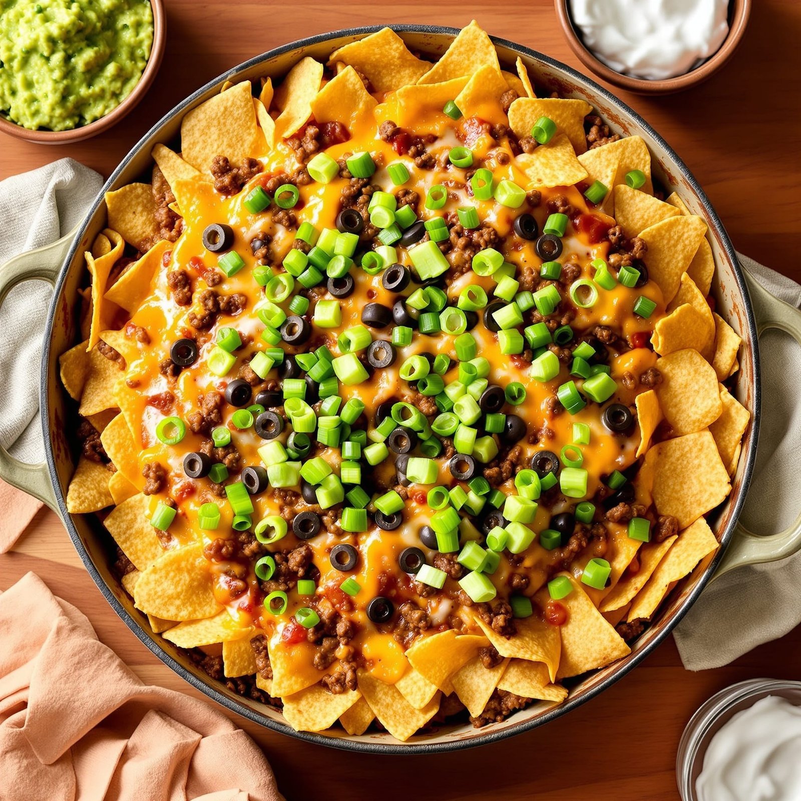 A delicious Loaded Beef Nacho Bake with layers of ground beef, cheese, and tortilla chips, served with guacamole and sour cream.