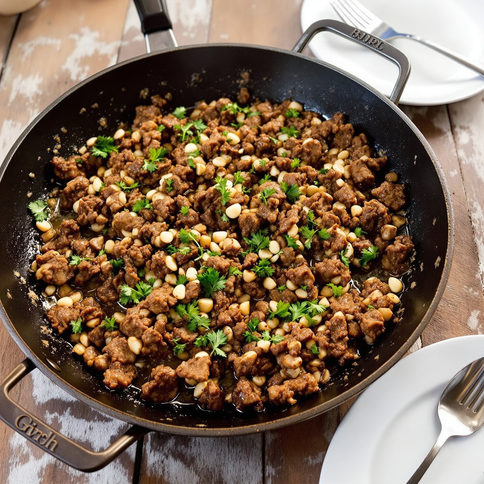 A flavorful garlic butter beef skillet with ground beef and garlic, garnished with parsley, on a rustic table.