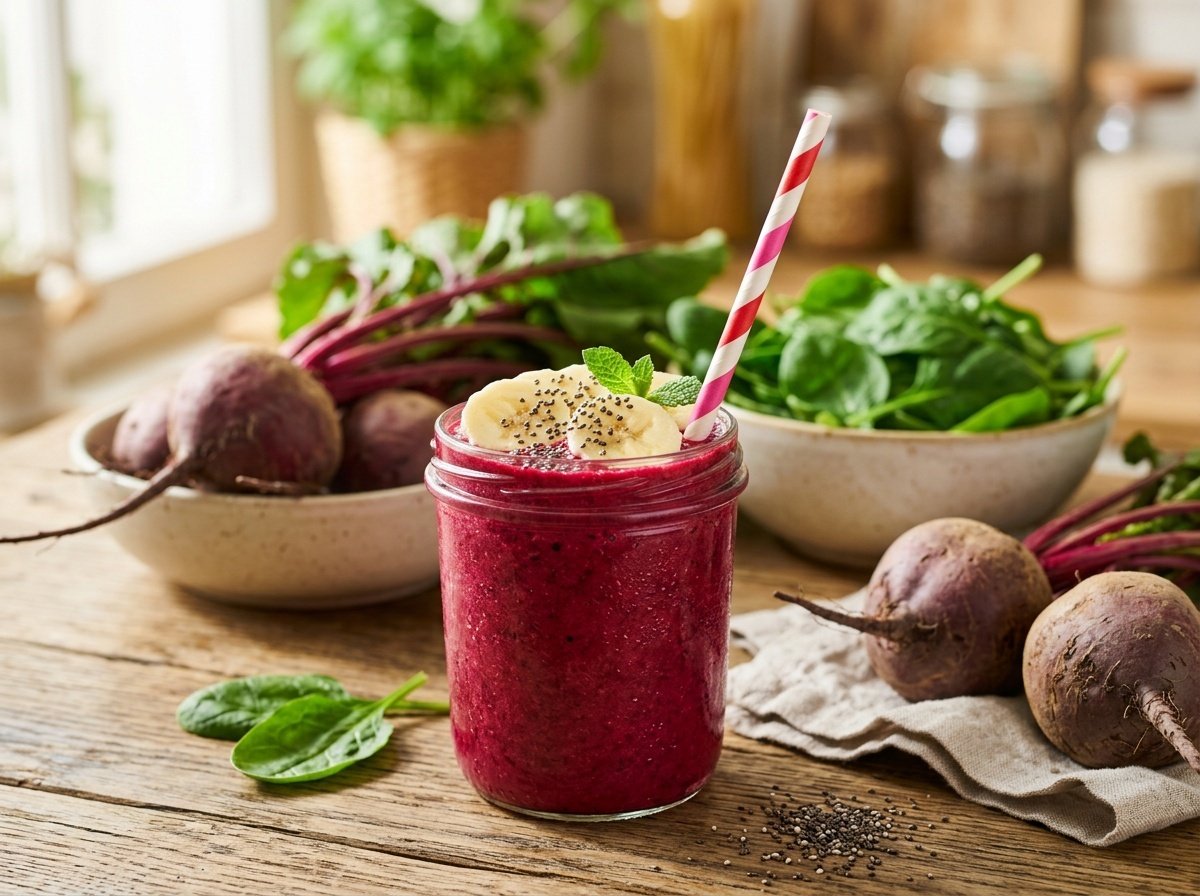 Earthy Sweet Beet Detox Smoothie Recipe A colorful beet detox smoothie in a glass topped with banana slices and surrounded by fresh beets and spinach.