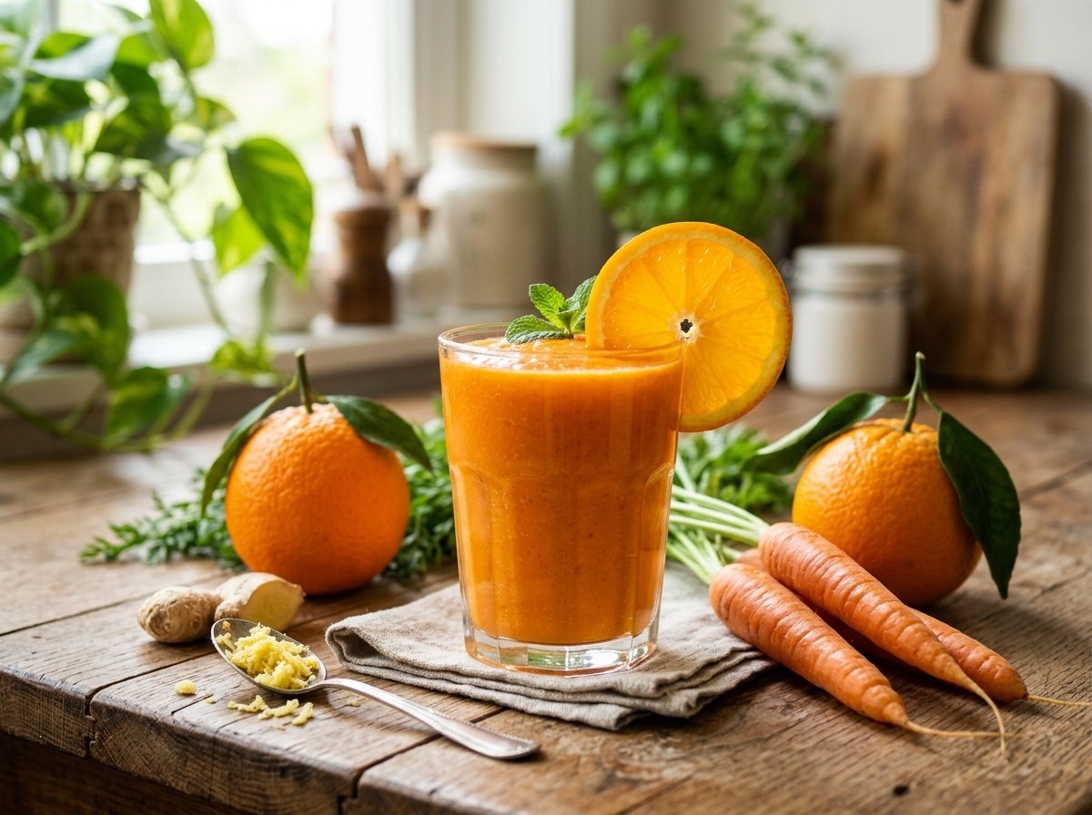 Bright Carrot Citrus Detox Smoothie Recipe A bright orange carrot citrus detox smoothie in a glass with an orange slice, surrounded by fresh ingredients.