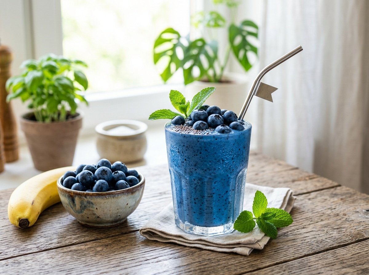 Creamy Blueberry Detox Smoothie Recipe A refreshing blueberry detox smoothie in a glass, garnished with mint, surrounded by fresh blueberries and banana.